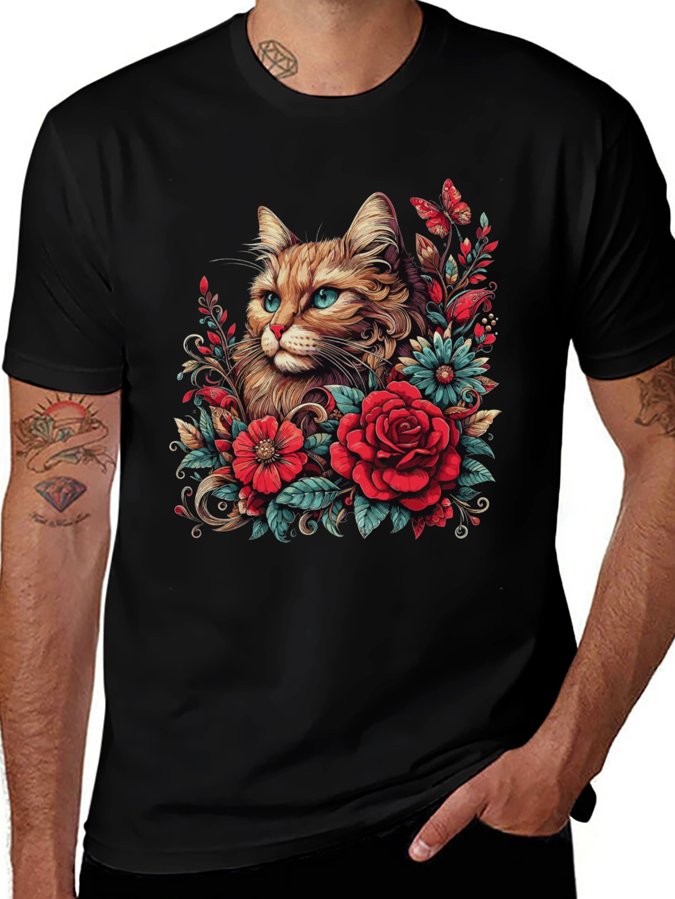 Cat & Floral Graphic Tee - Men's Black T-Shirt