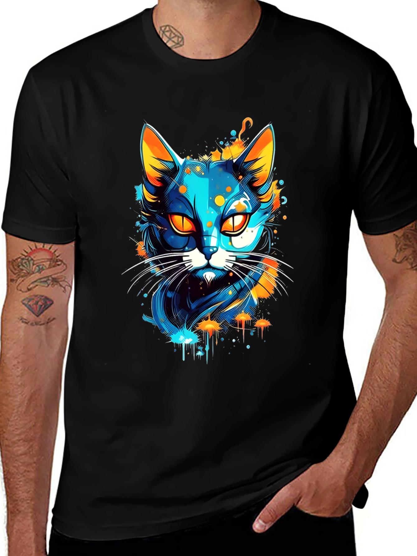 Variant 11 of Abstract Cat Graphic Tee - Cool Blue & Orange Design