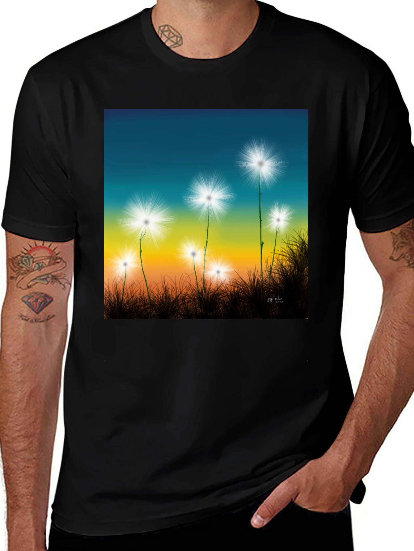 Variant 16 of Dandelion Sky T-Shirt - Black Cotton Graphic Tee