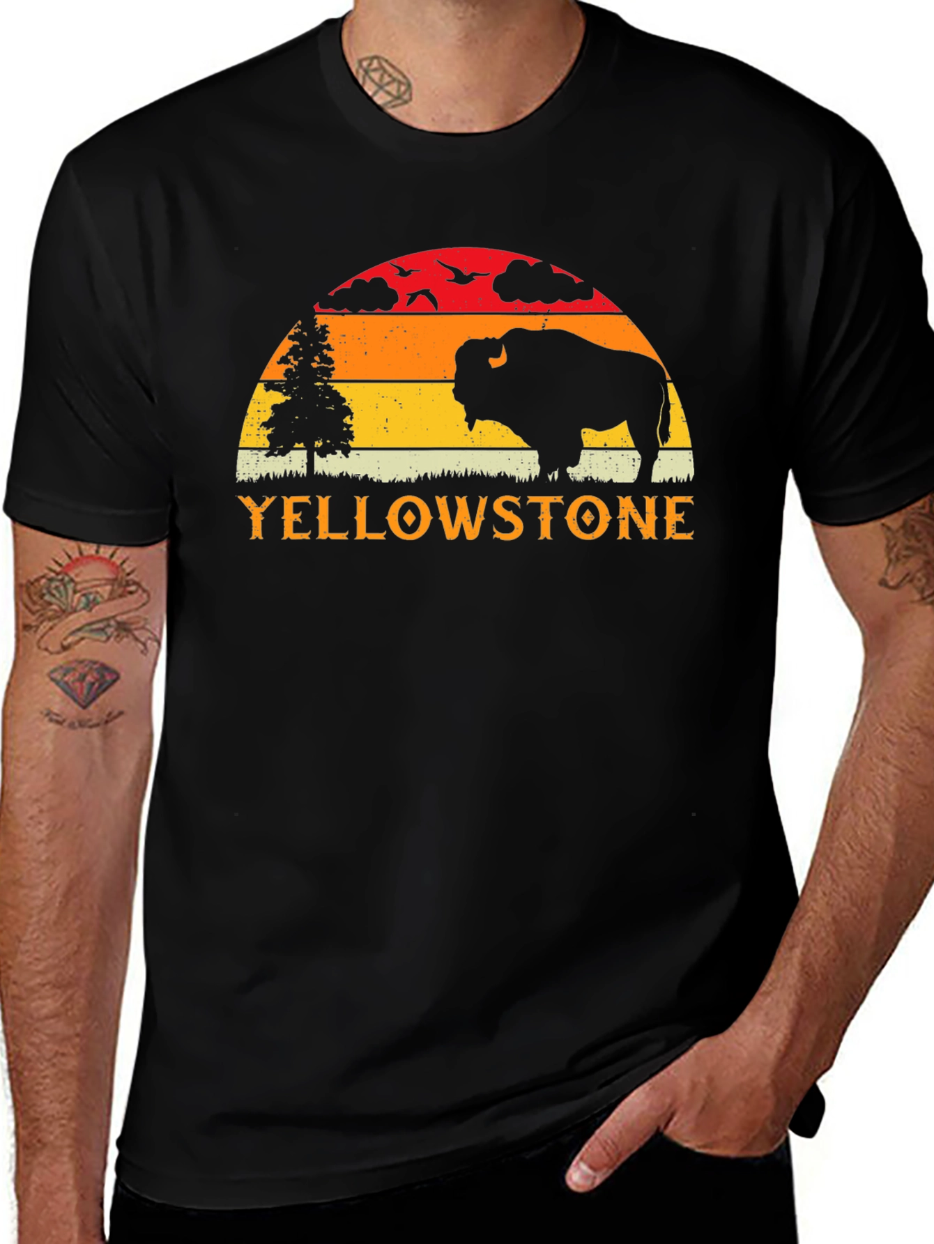 Variant 11 of Yellowstone Sunset Graphic Tee - Retro Bison Design