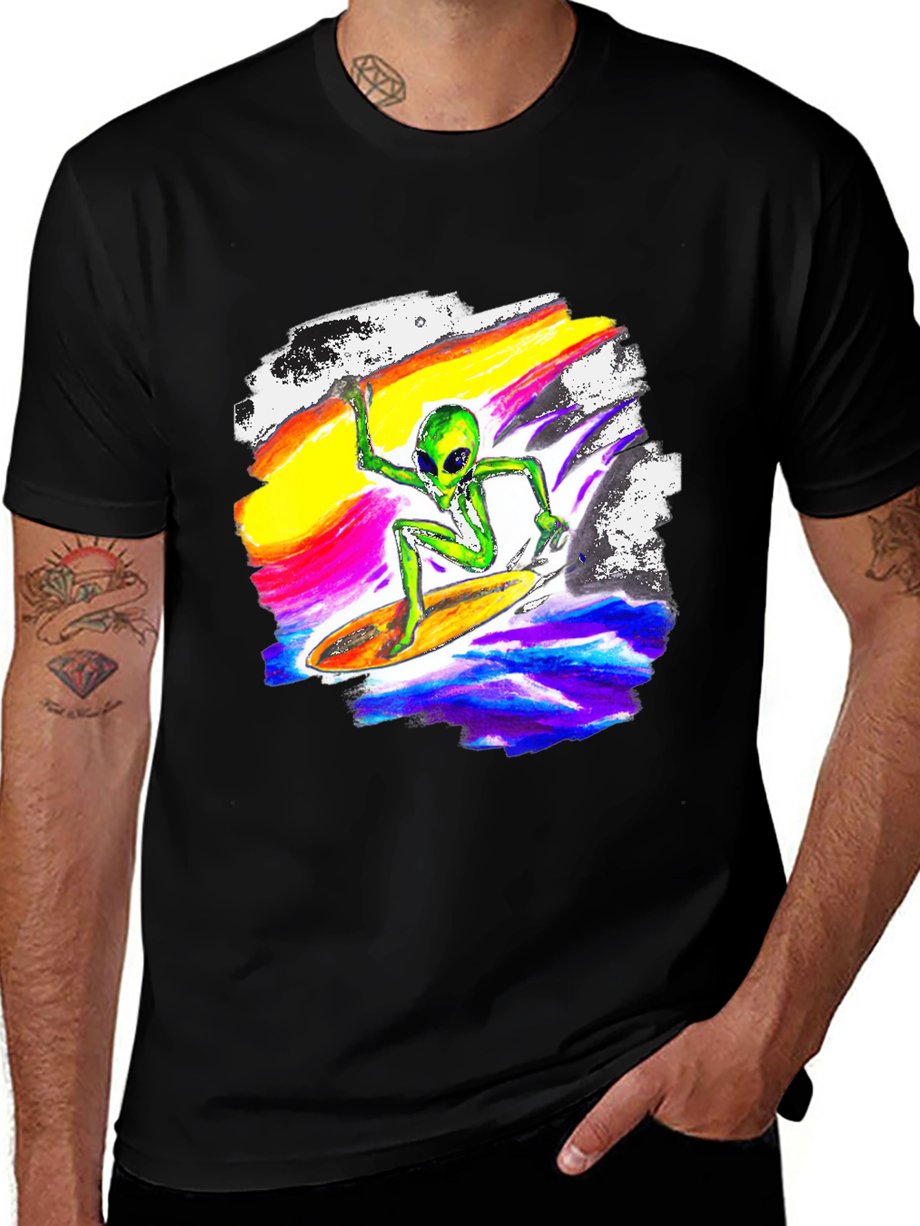 Variant 22 of Surfing Alien Graphic Tee - Black T-Shirt