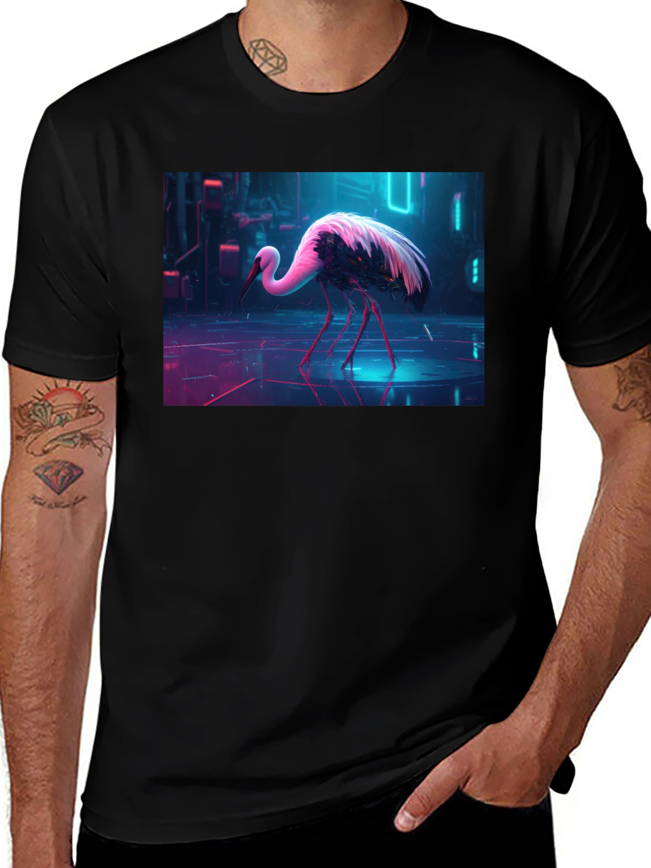 Variant 10 of Cyberpunk Stork Graphic T-Shirt - Black