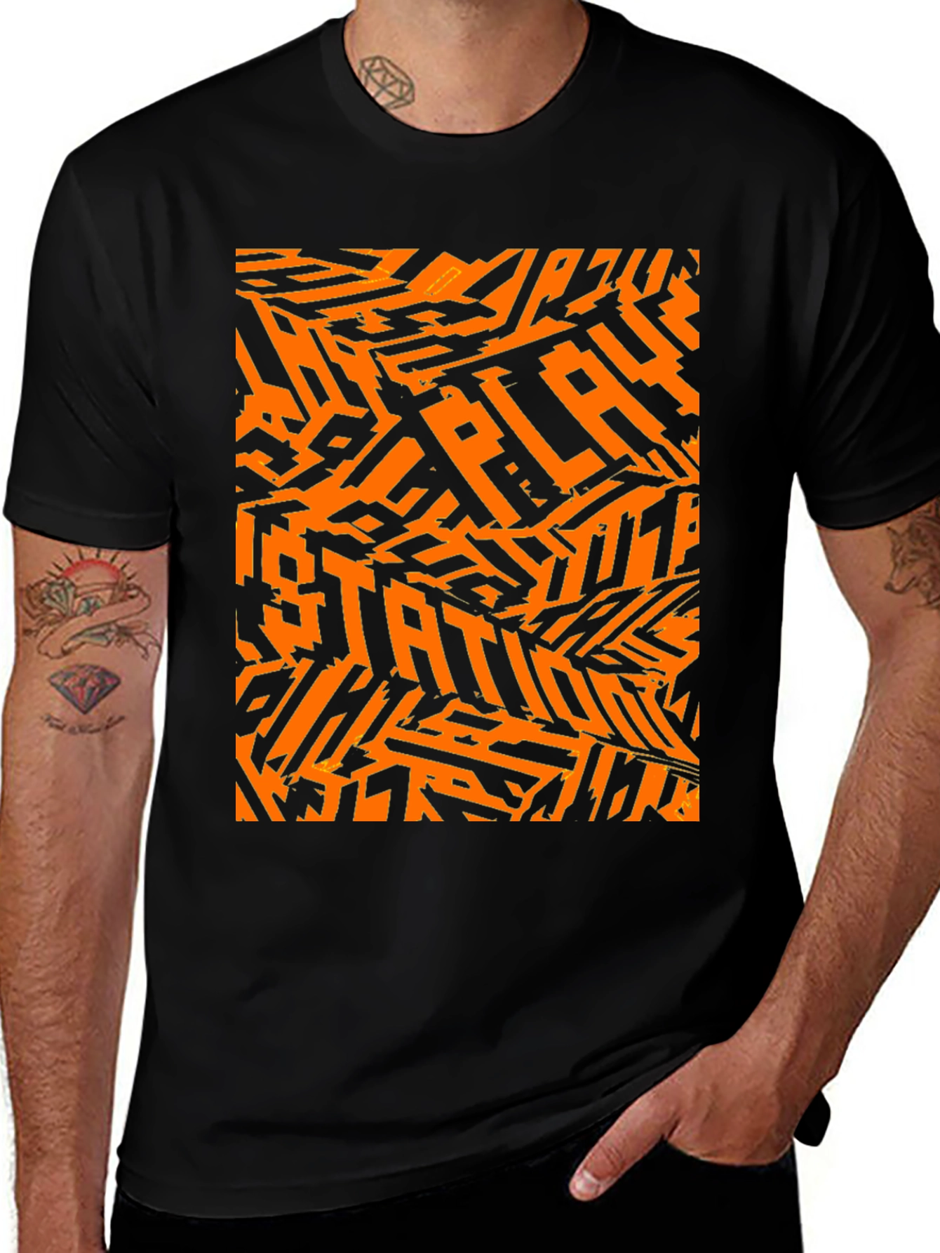 Variant 5 of Abstract Orange Play Station Graphic Black T-Shirt