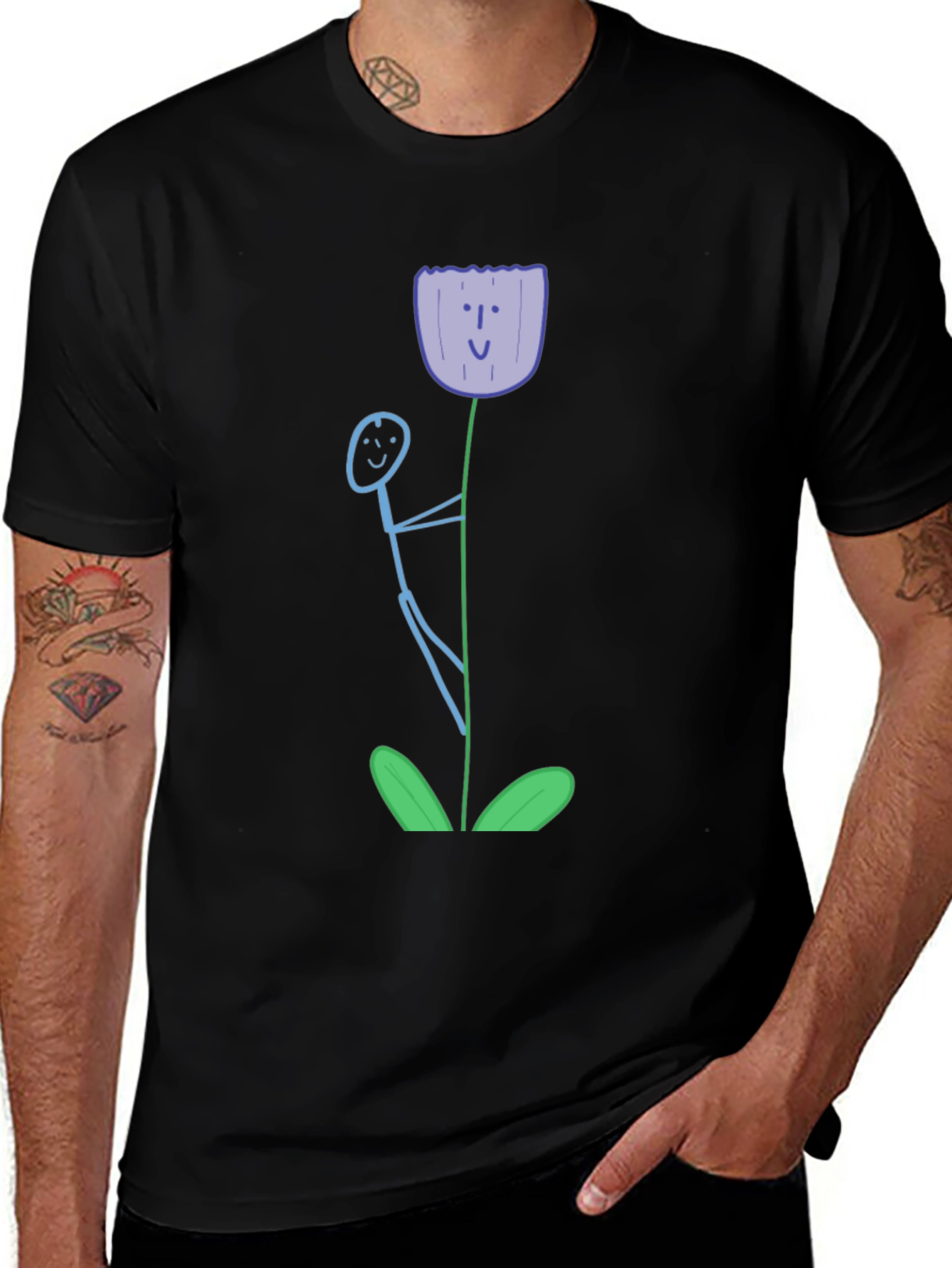 Variant 18 of Whimsical Flower Graphic Tee - Black Cotton T-Shirt