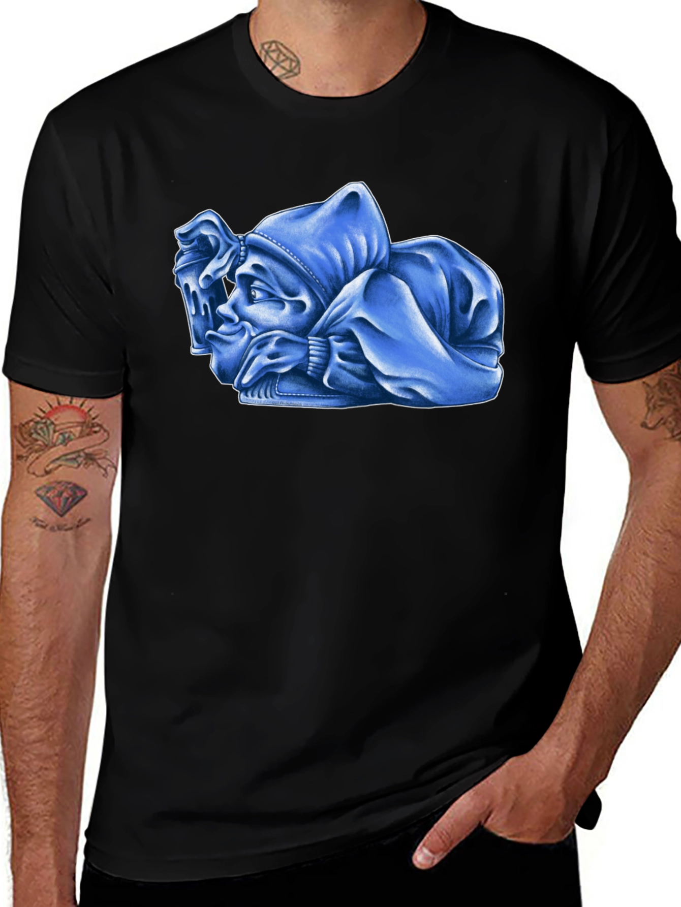 Variant 8 of Blue Cartoon Character Graphic Black T-Shirt