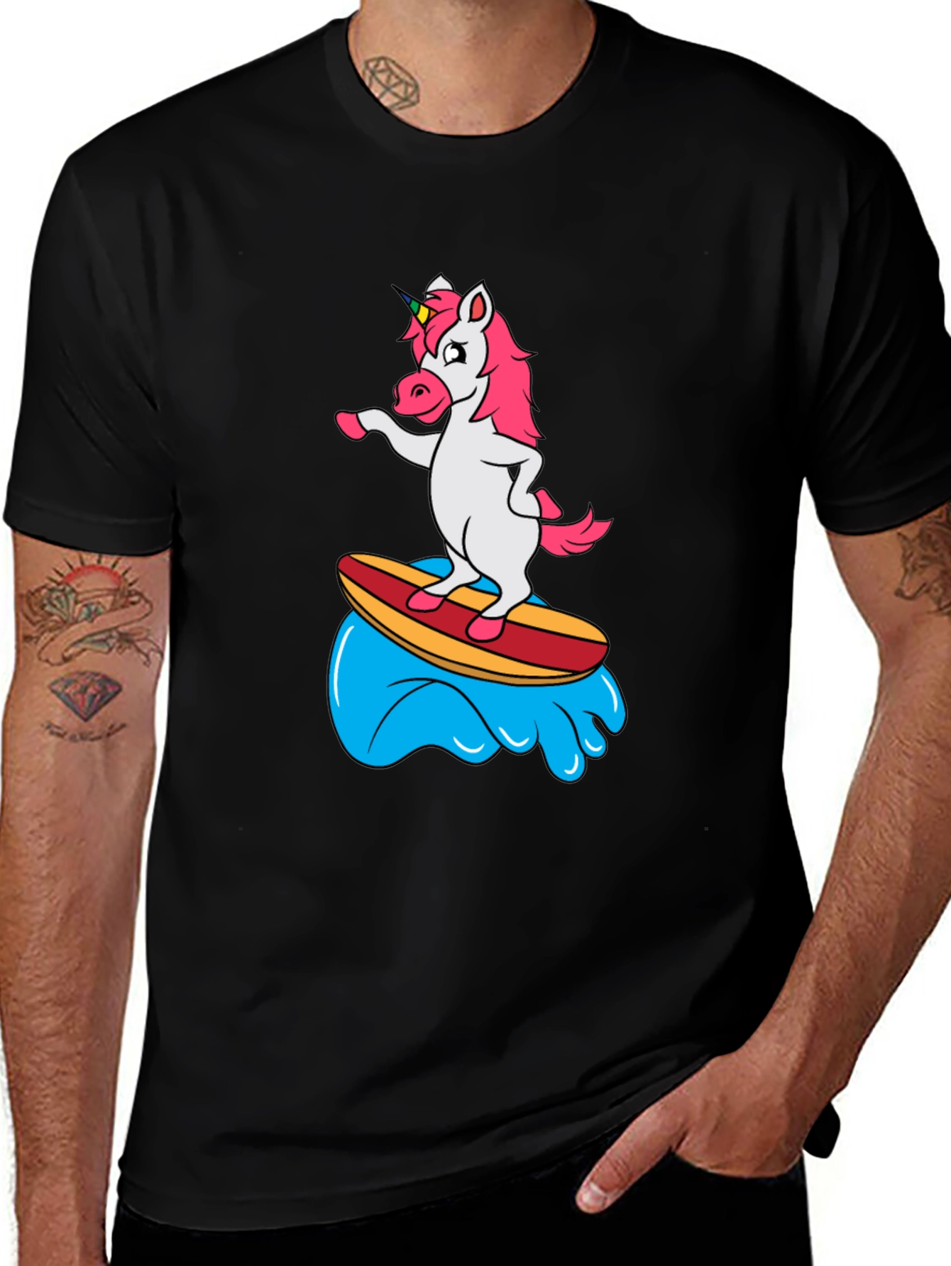 Variant 9 of Surfing Unicorn Black T-Shirt