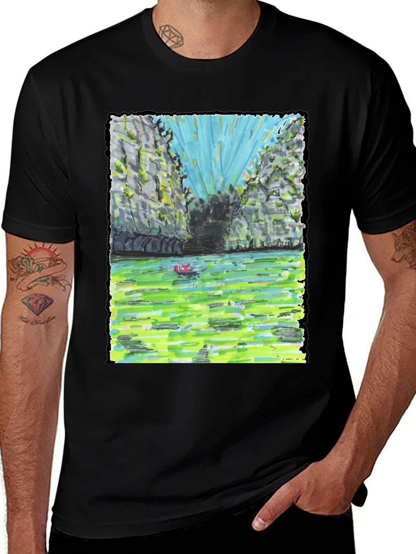 Variant 15 of Unique Graphic Tee: River Scene in Vivid Colors