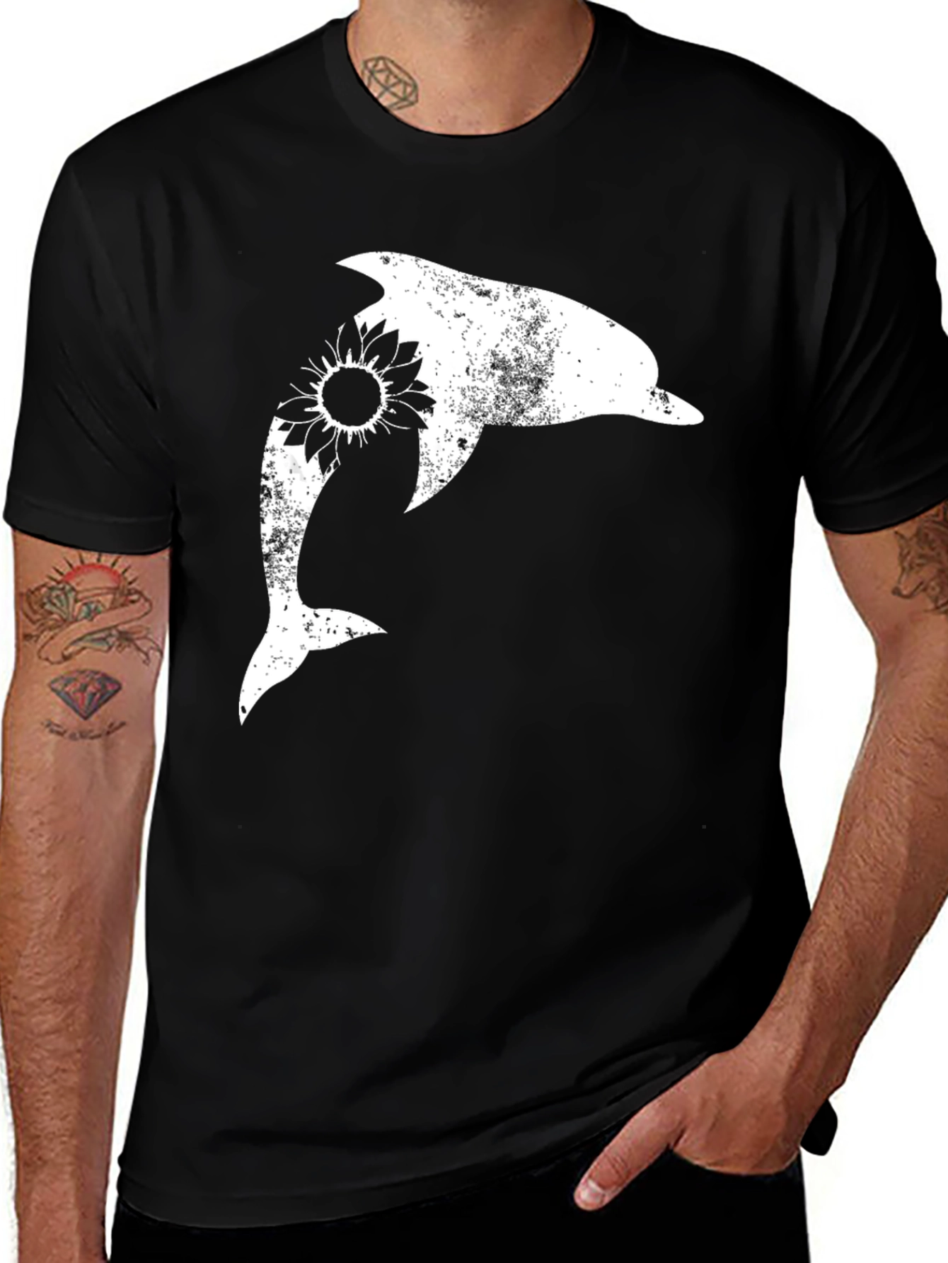 Variant 19 of Dolphin Sunflower Graphic T-Shirt - Unisex Black Tee