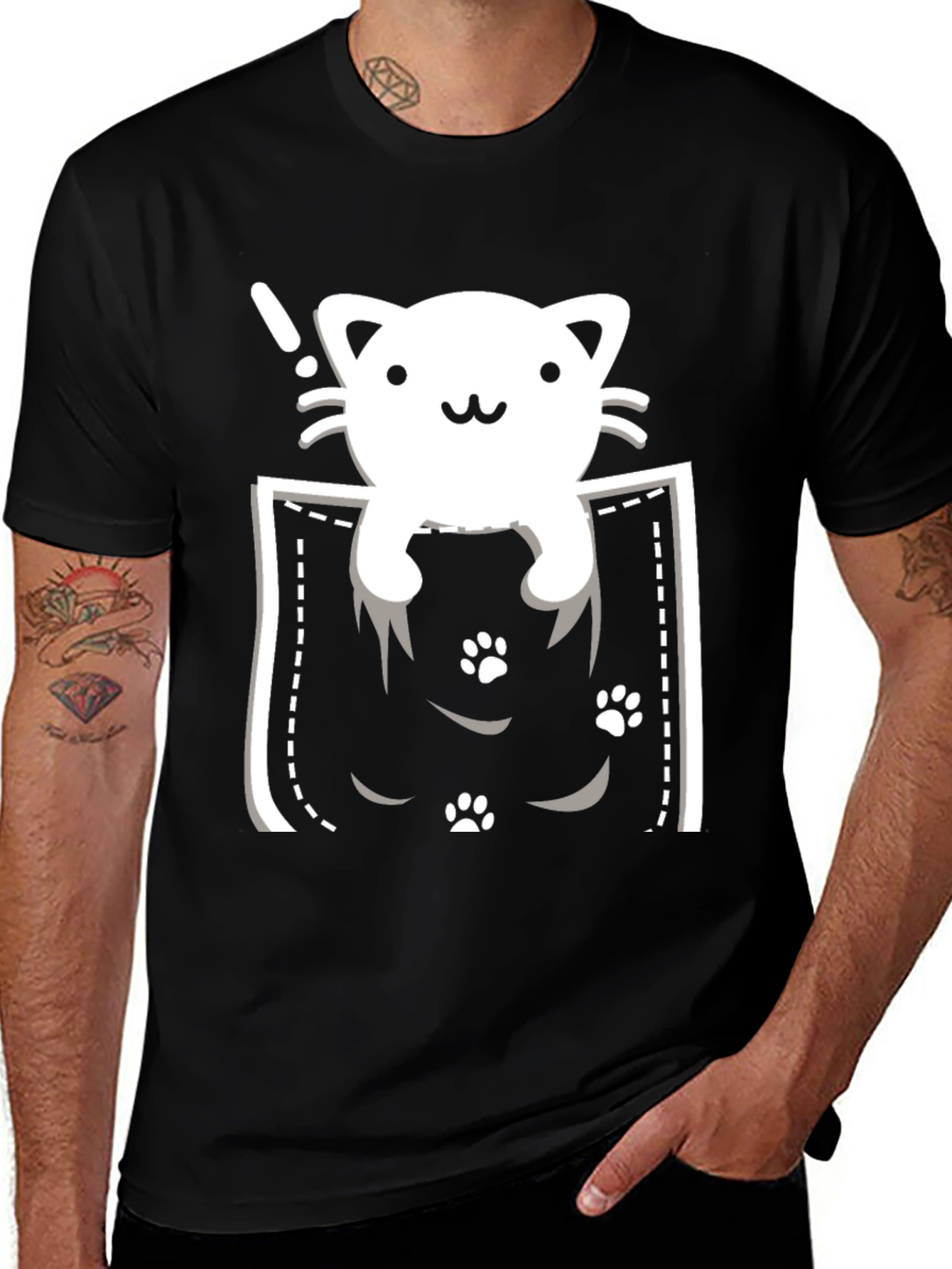 Variant 14 of Cute Cat Pocket T-Shirt - Black Tee