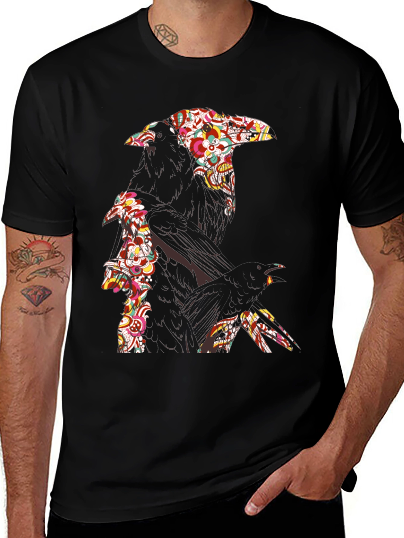 Floral Raven Graphic Tee - Cool Crow Design