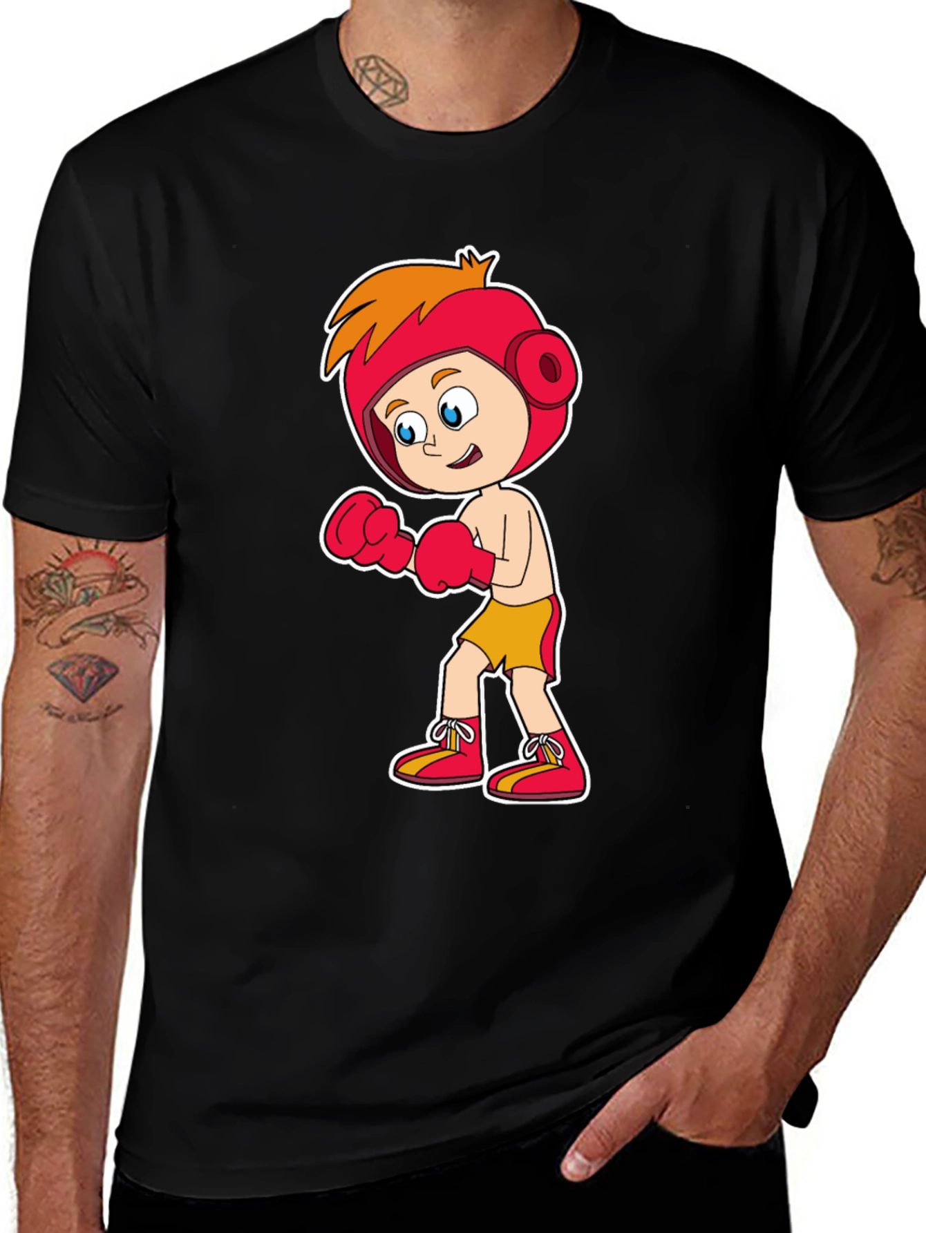 Cartoon Boxer T-Shirt, Black Cotton Tee