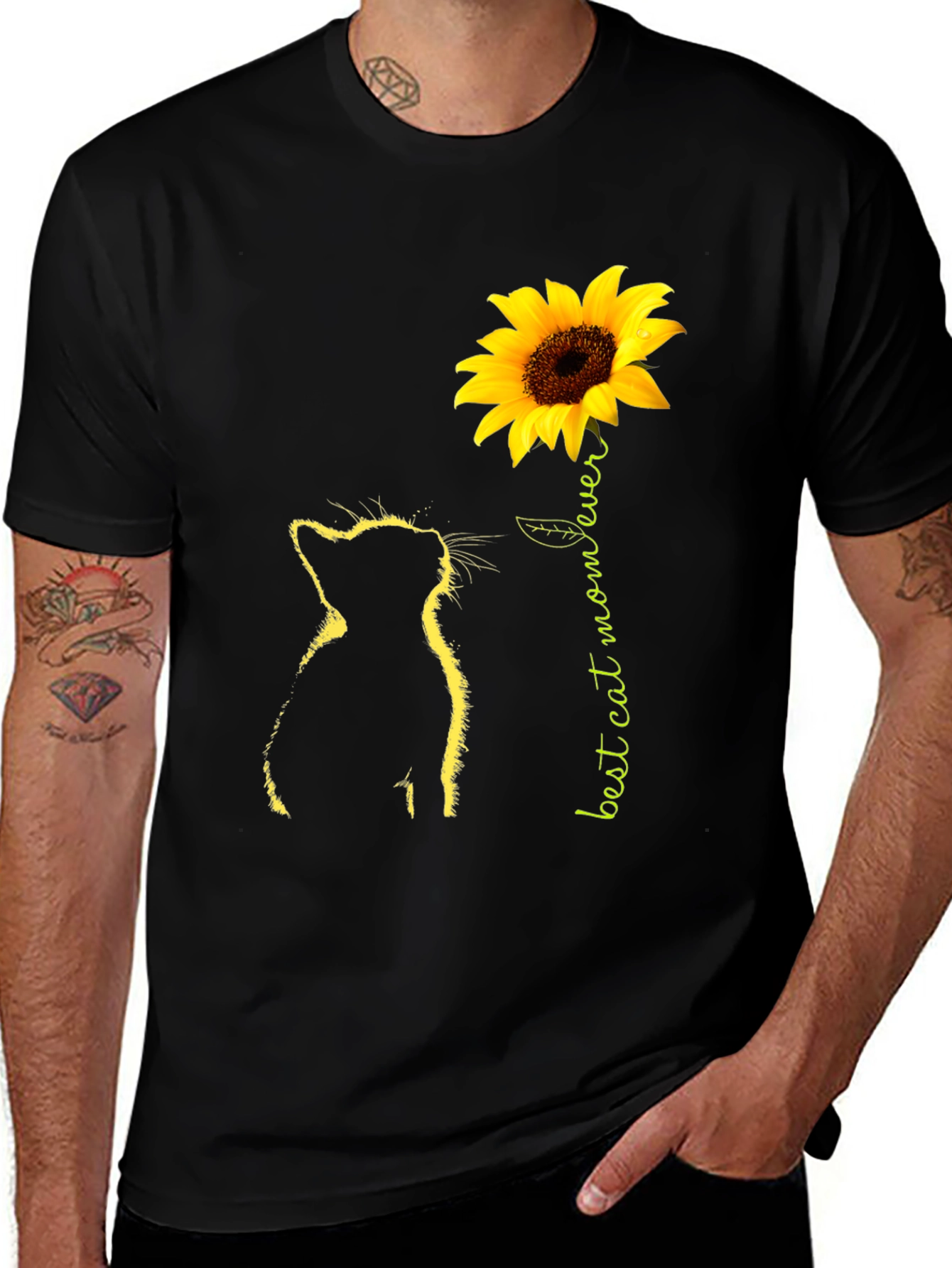 Variant 12 of Cat Mom Sunflower Graphic Tee - Black Cotton Blend