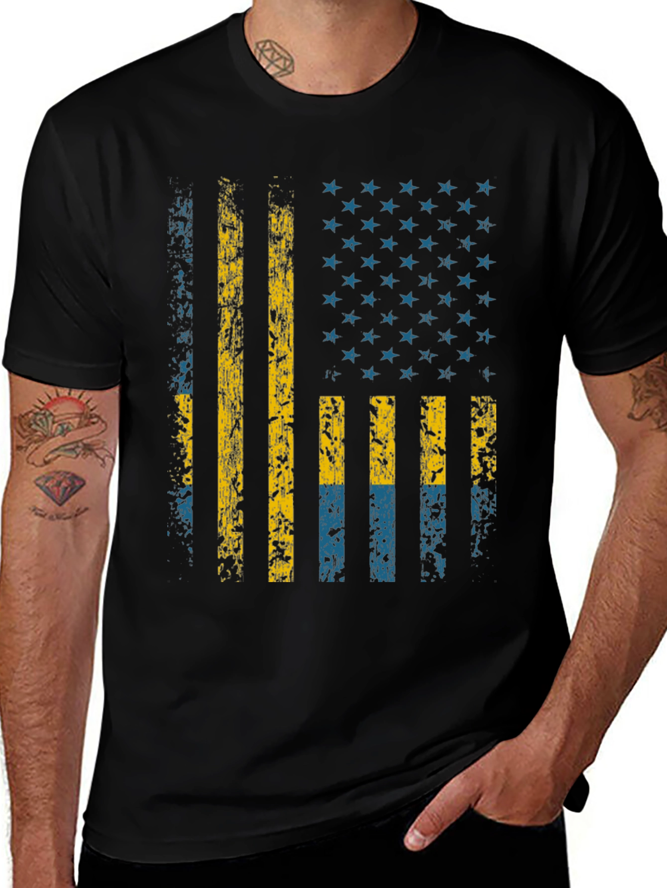 Variant 28 of Distressed Swedish-American Flag Graphic Tee