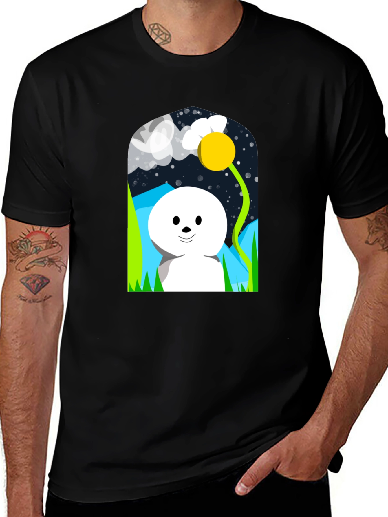 Variant 14 of Cartoon Dog & Flower Black T-Shirt