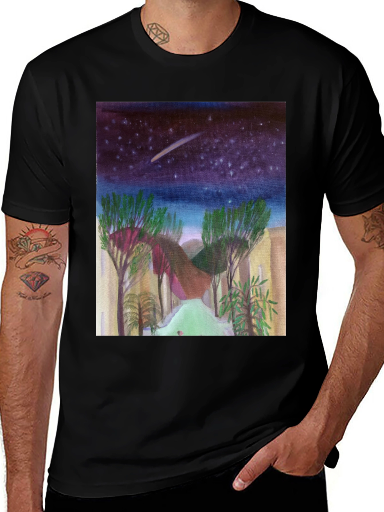 Starry Night Landscape Print Black T-Shirt