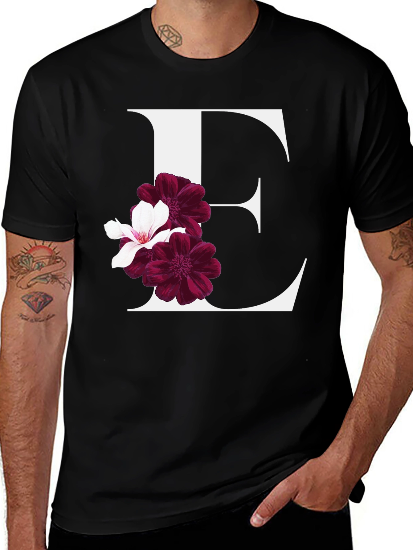 Floral Initial E T-Shirt - Stylish Alphabet Tee