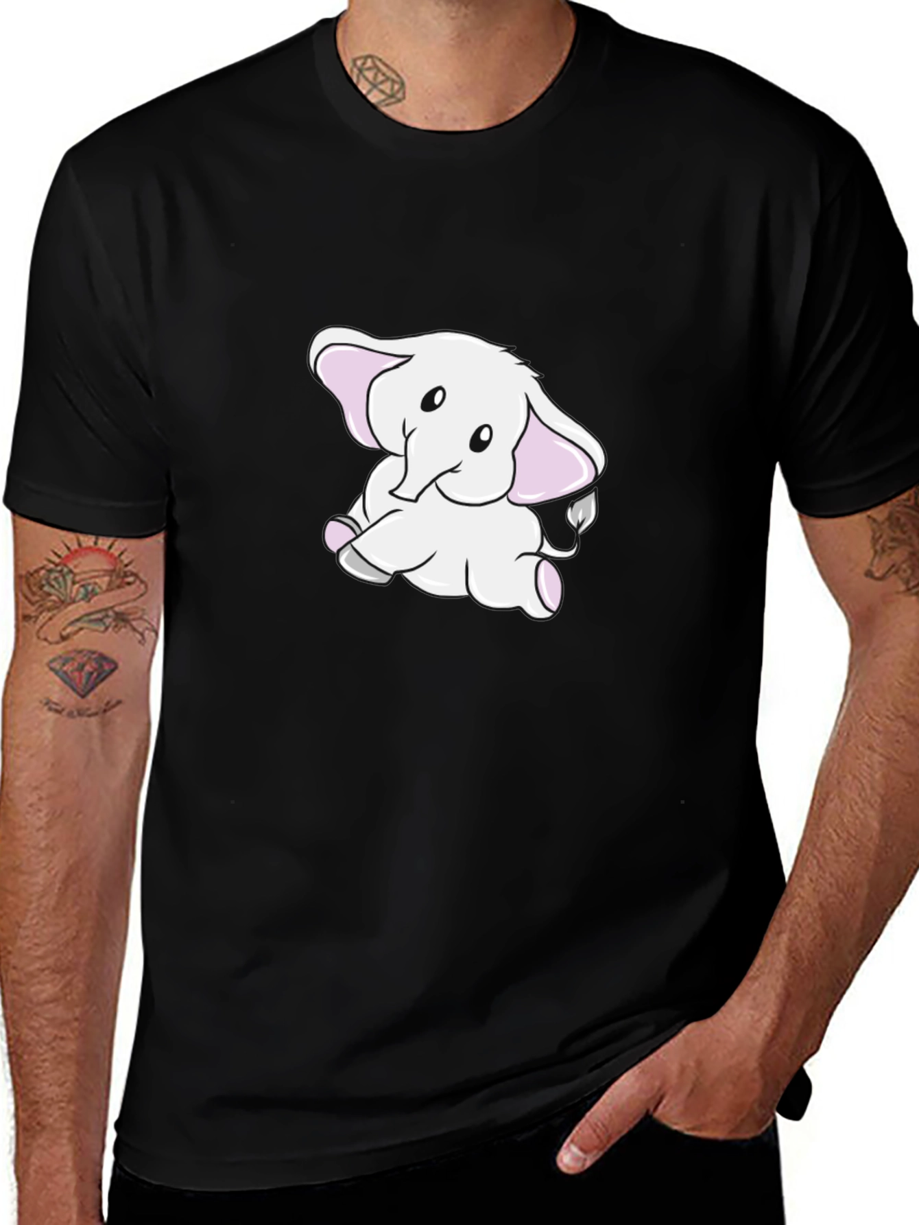 Cute Cartoon Elephant Graphic Tee - Black
