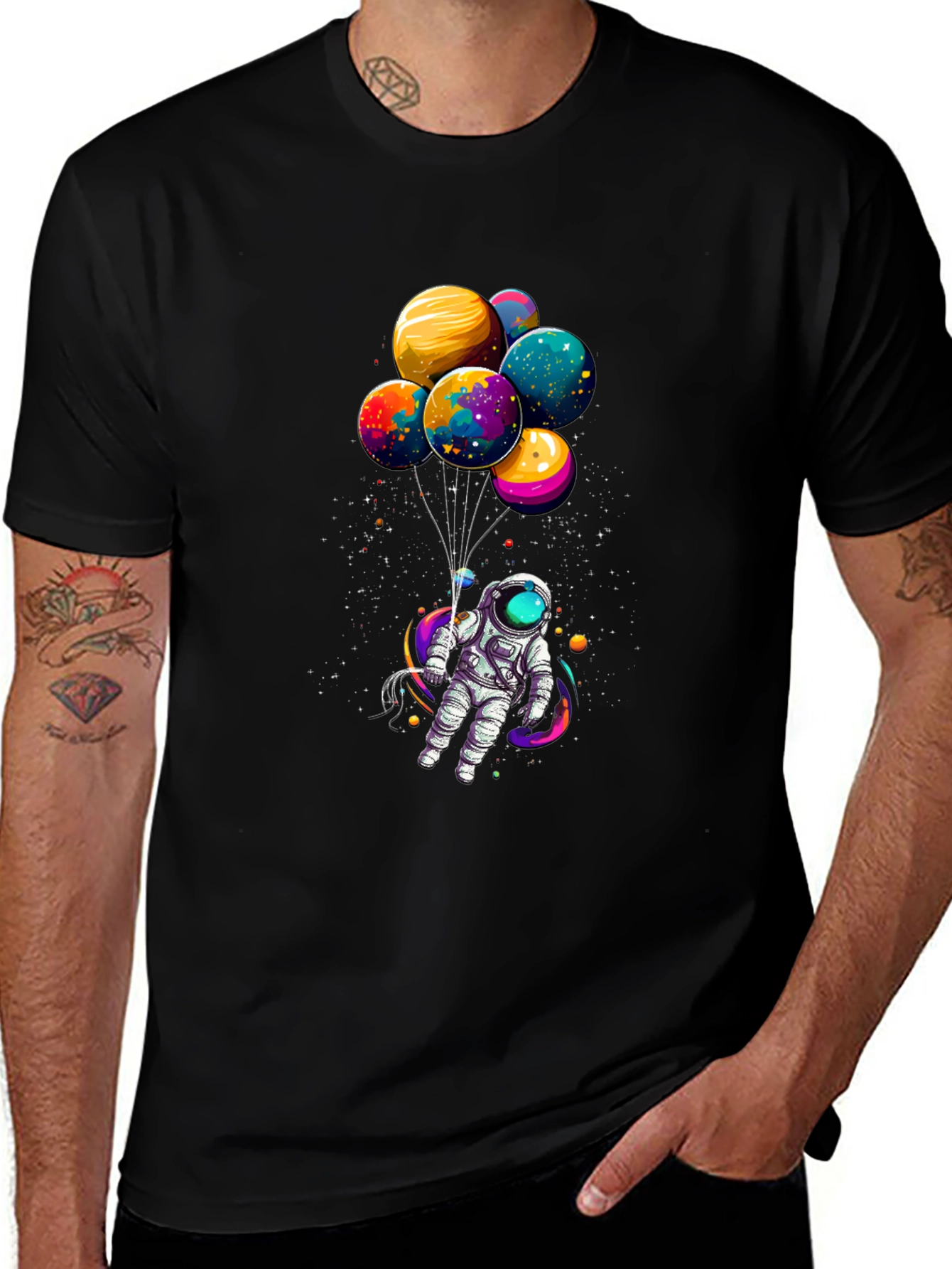 Astronaut with Planet Balloons Graphic Tee - Black