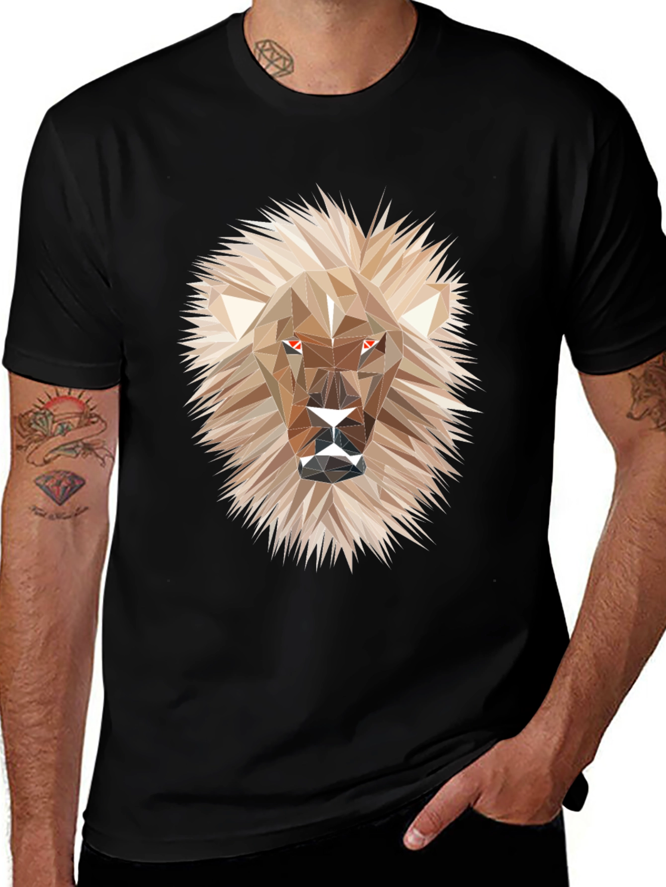 Variant 29 of Geometric Lion Graphic Tee - Stylish Men's Black T-Shirt