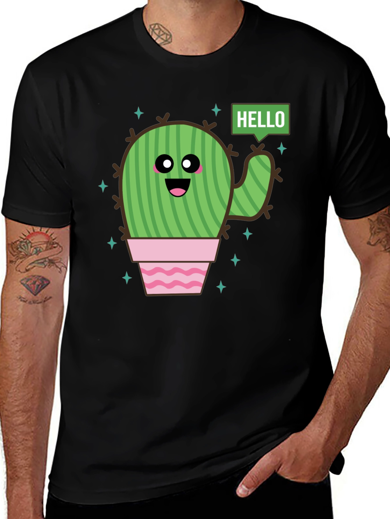 Variant 8 of Cute Cartoon Cactus Graphic Tee - Black Cotton T-Shirt