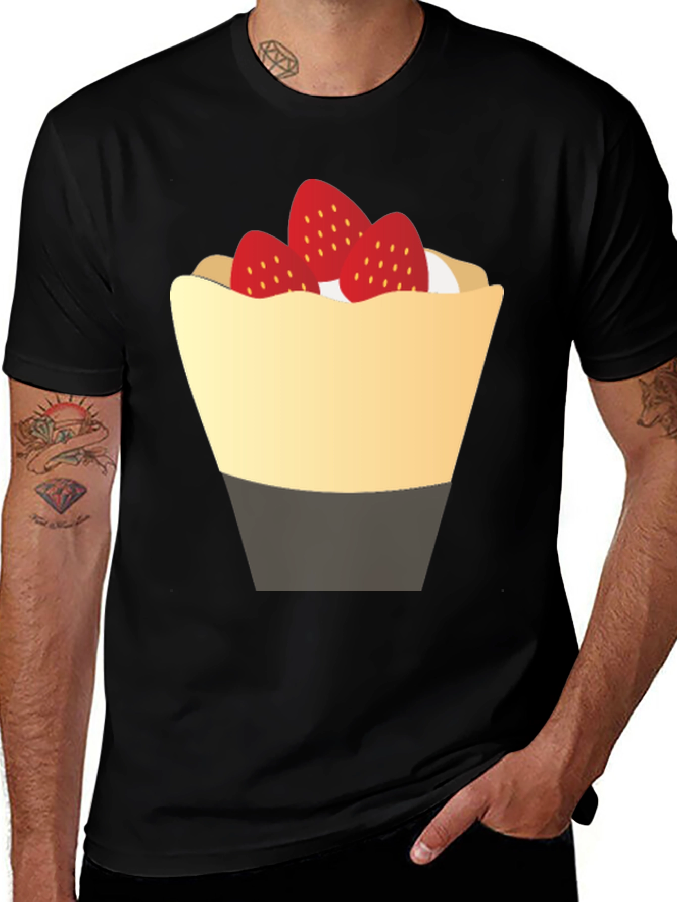 Variant 5 of Strawberry Dessert Graphic Tee - Casual Black T-Shirt