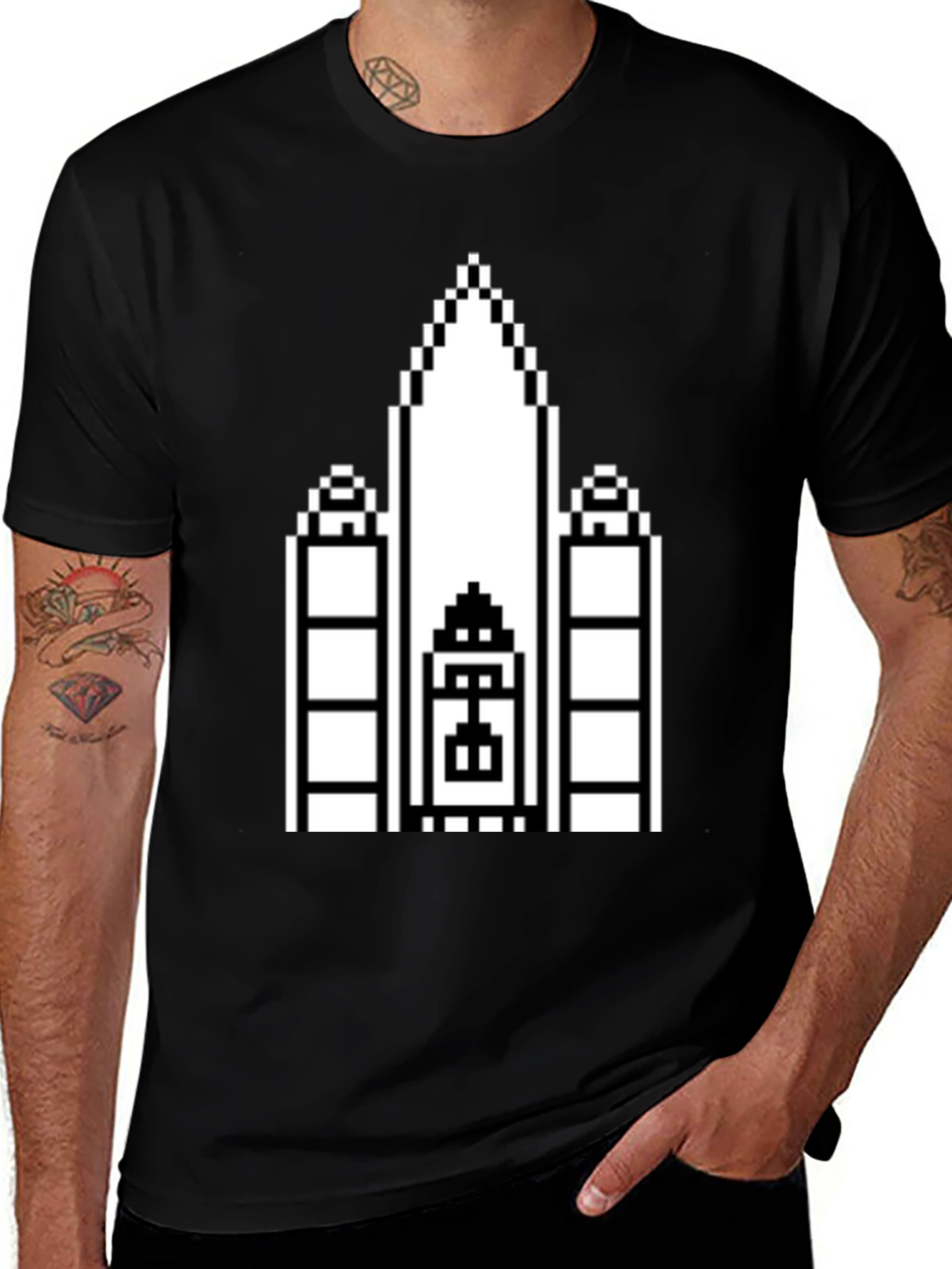 Pixel Art Church Black T-Shirt
