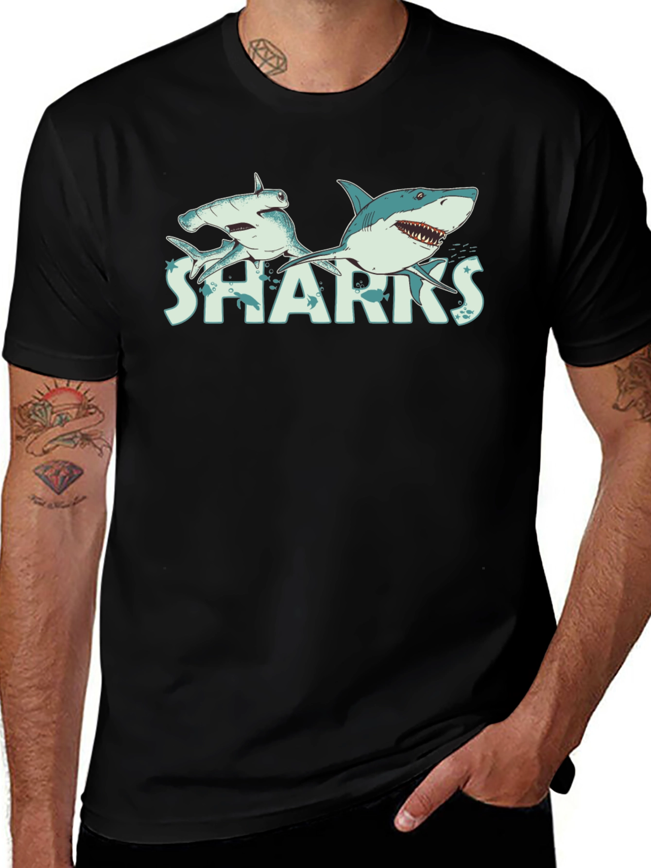 Variant 5 of Sharks Graphic Tee - Black Cotton T-Shirt