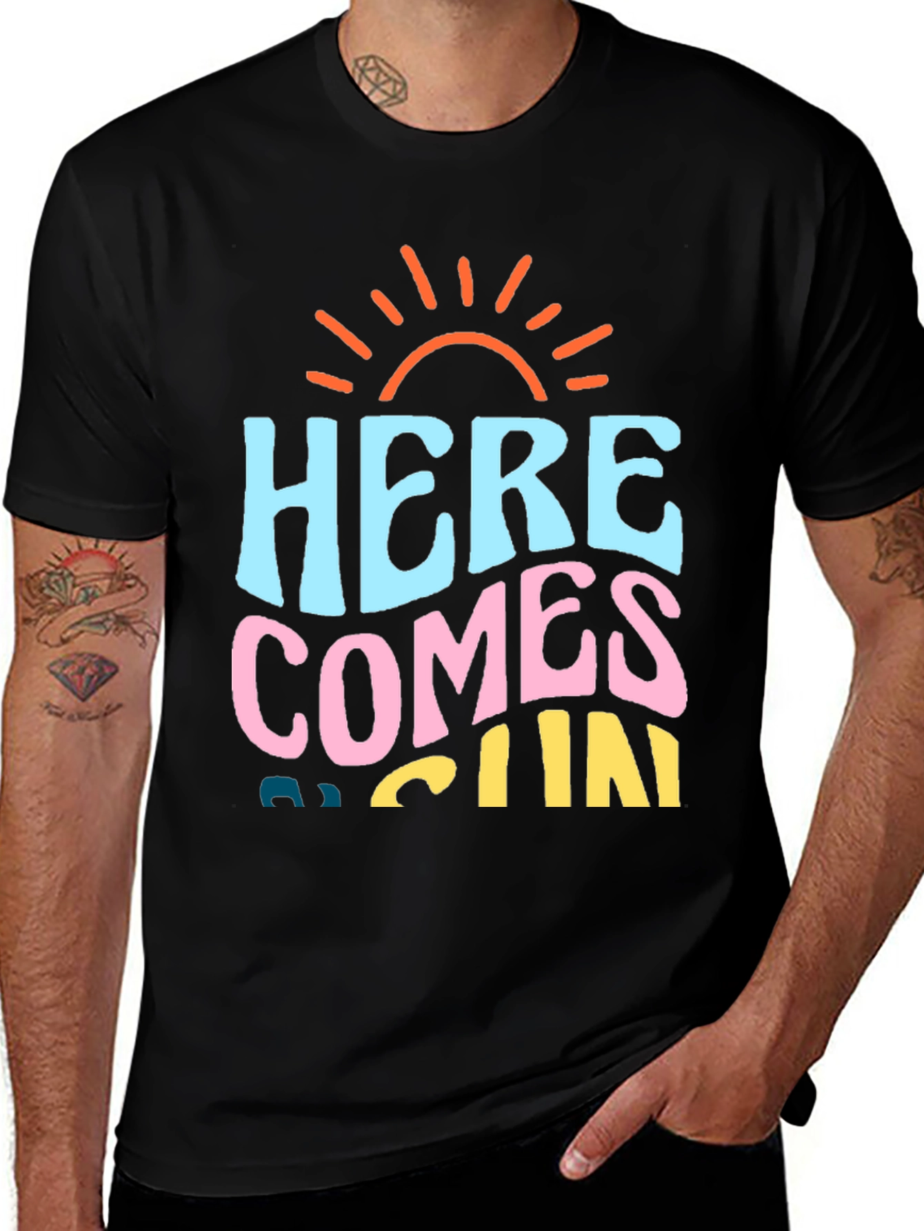 Variant 26 of Here Comes the Sun Graphic Tee - Black Cotton T-Shirt