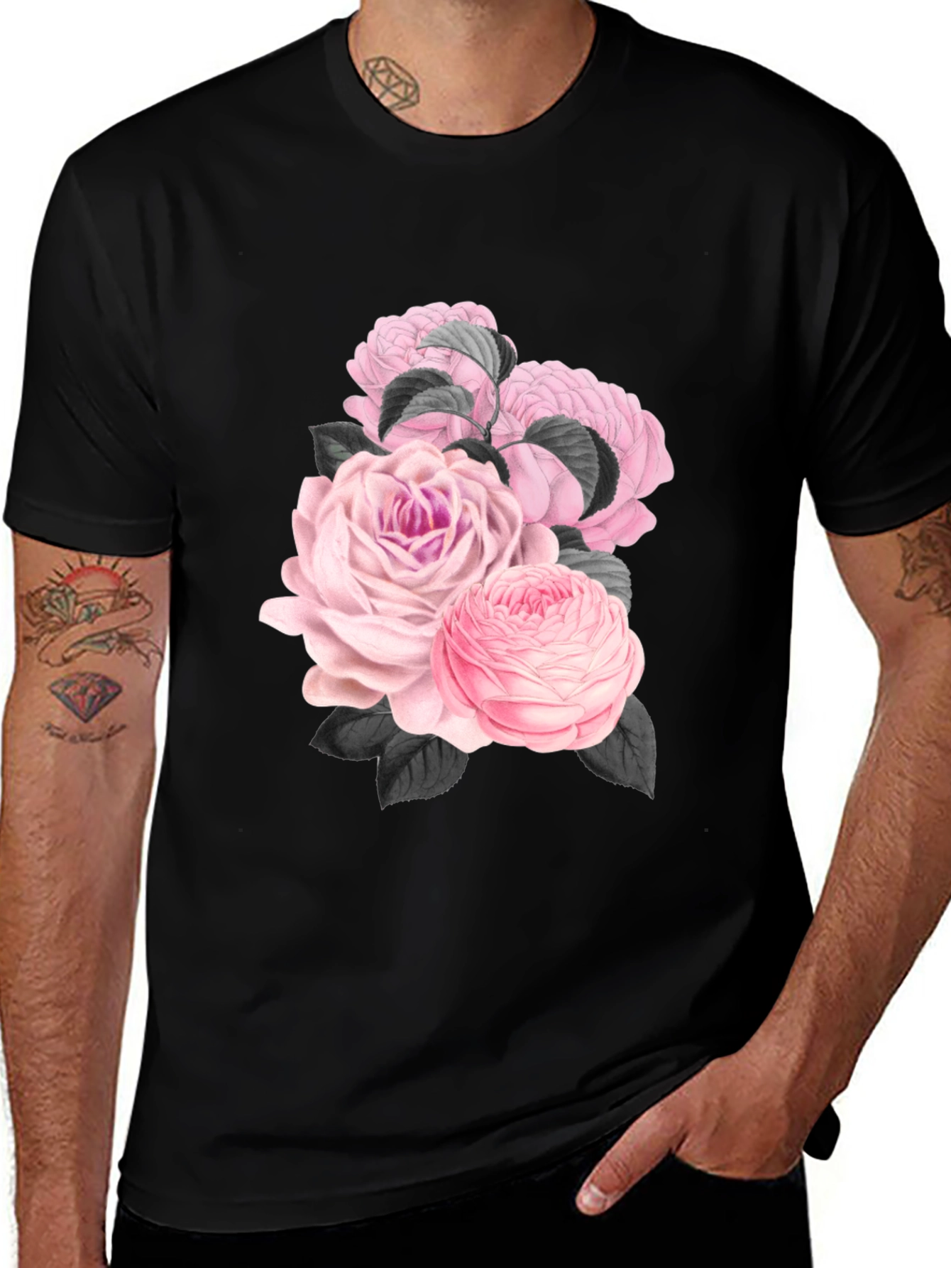 Variant 24 of Floral Print Black T-Shirt - Elegant Rose Design