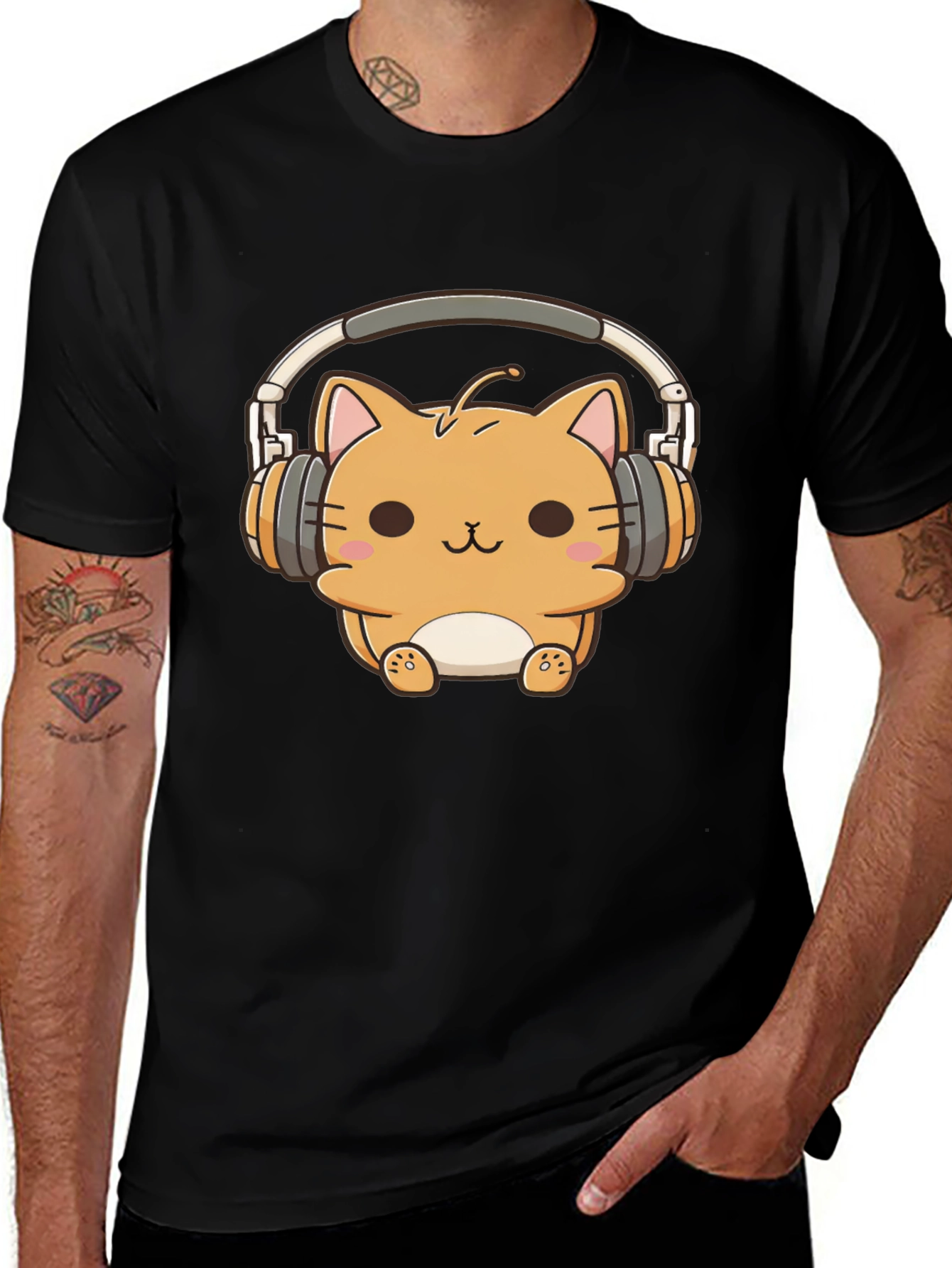 Variant 19 of Cute Cat DJ Black T-Shirt