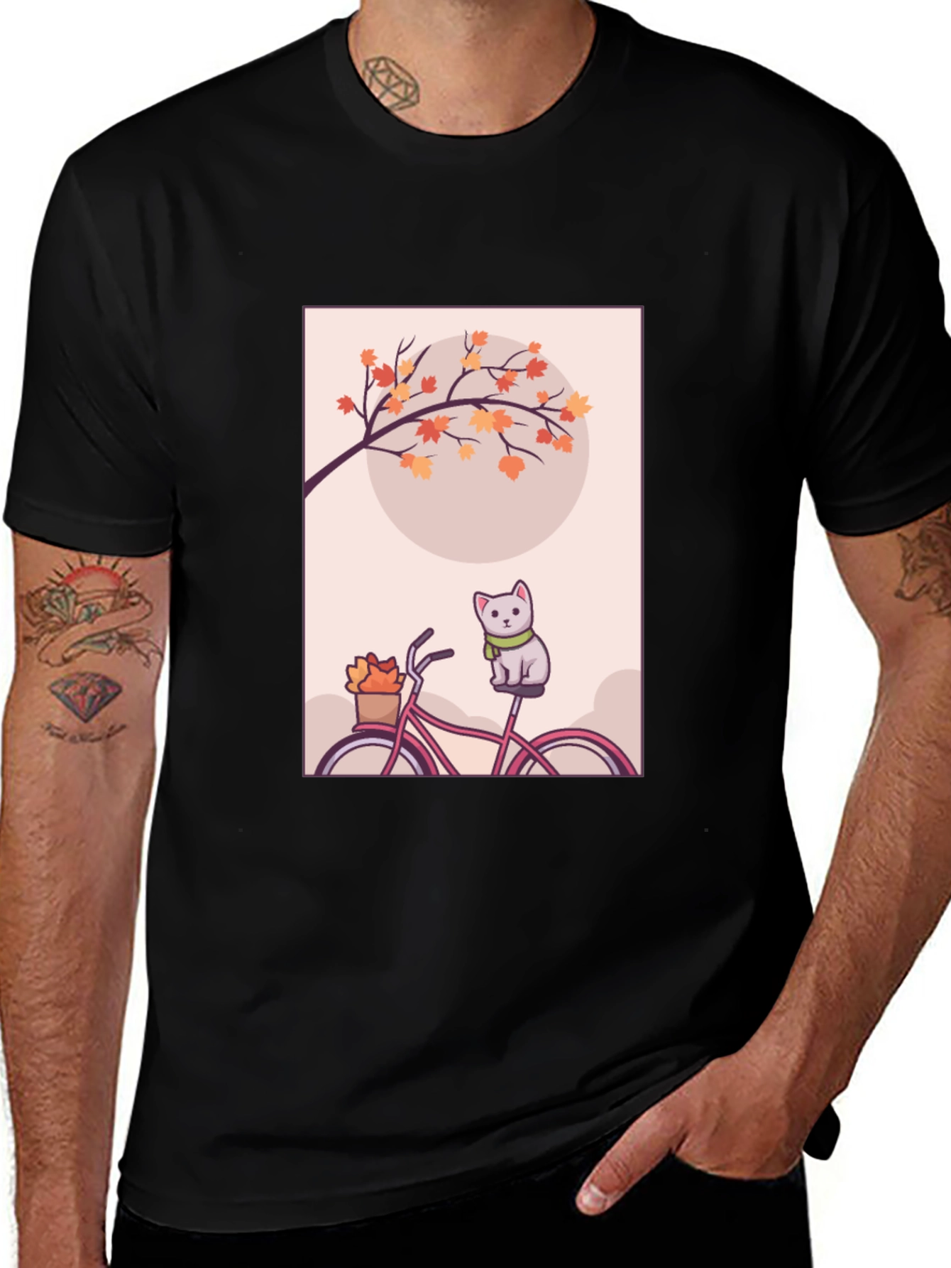 Variant 3 of Cute Cat on Bike T-Shirt - Autumn Vibes