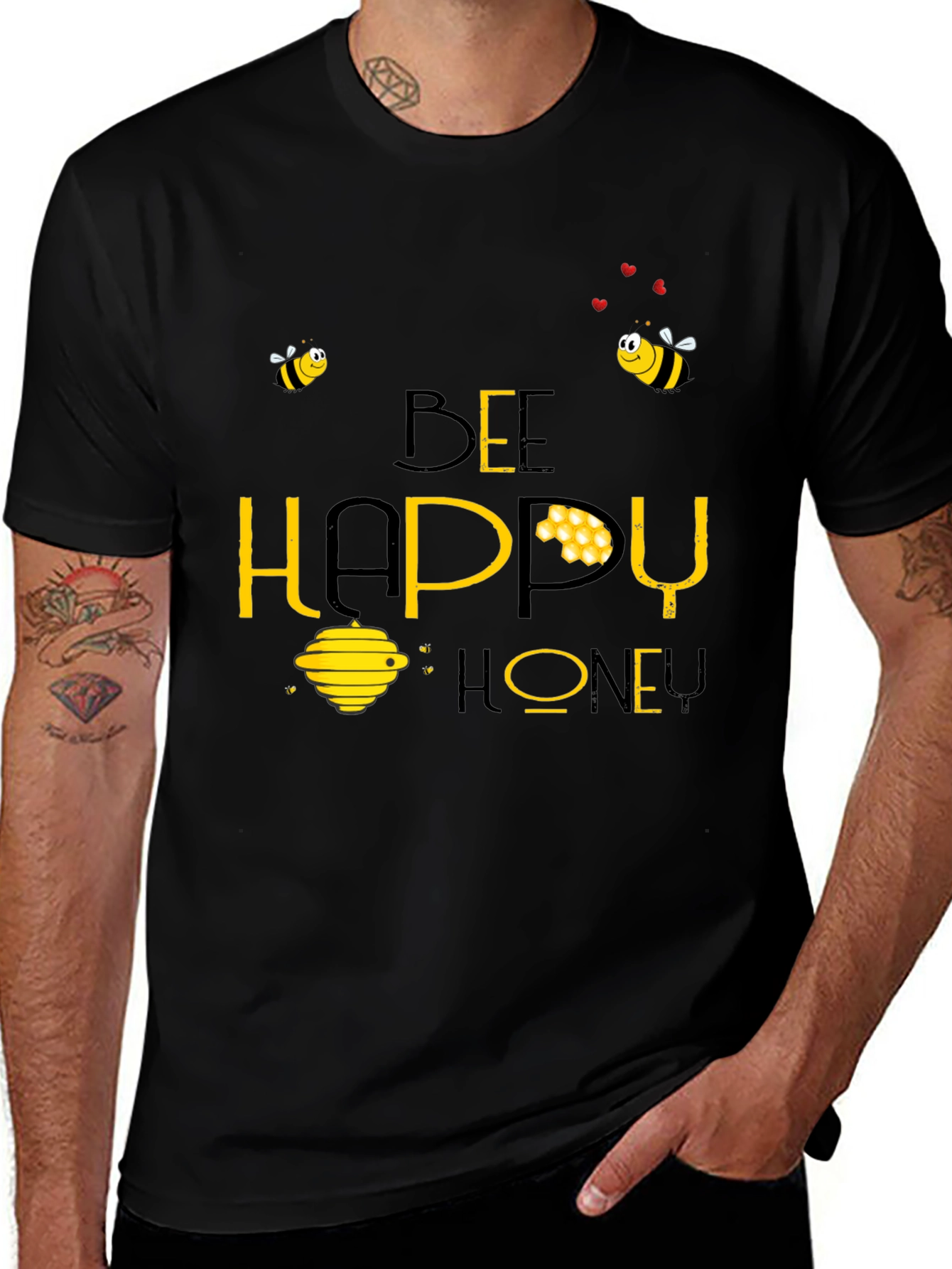Variant 19 of Bee Happy Honey T-Shirt - Black Cotton Tee