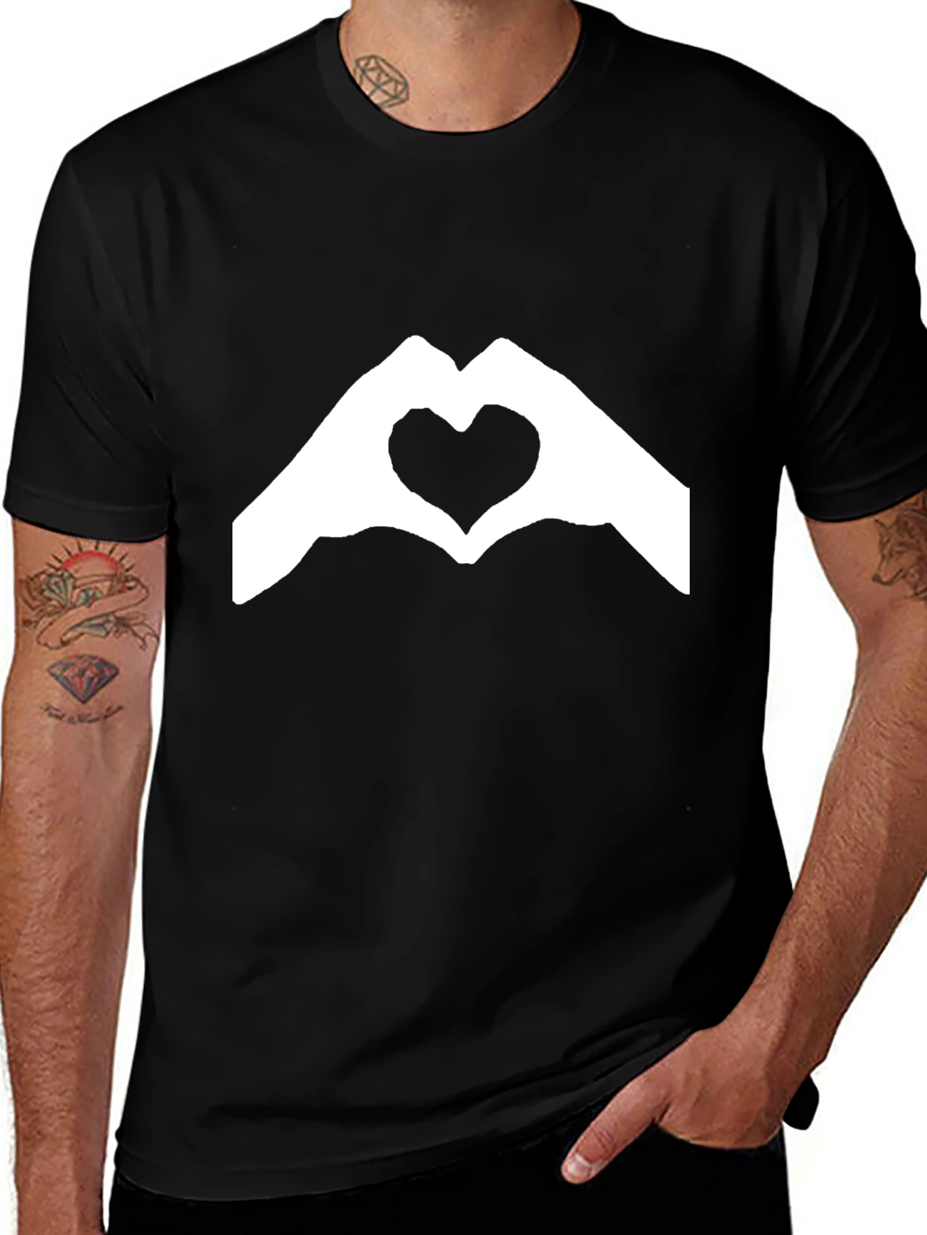 Variant 11 of Heart Hands Graphic Tee - Black Cotton Blend Casual Wear