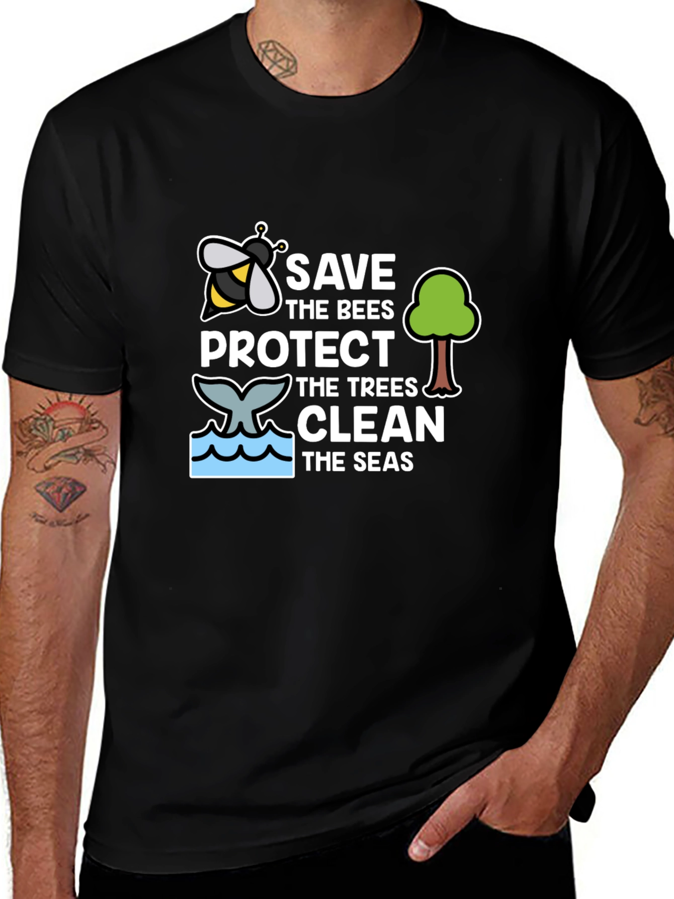 Variant 15 of Save The Bees Protect The Trees Clean The Seas T-Shirt