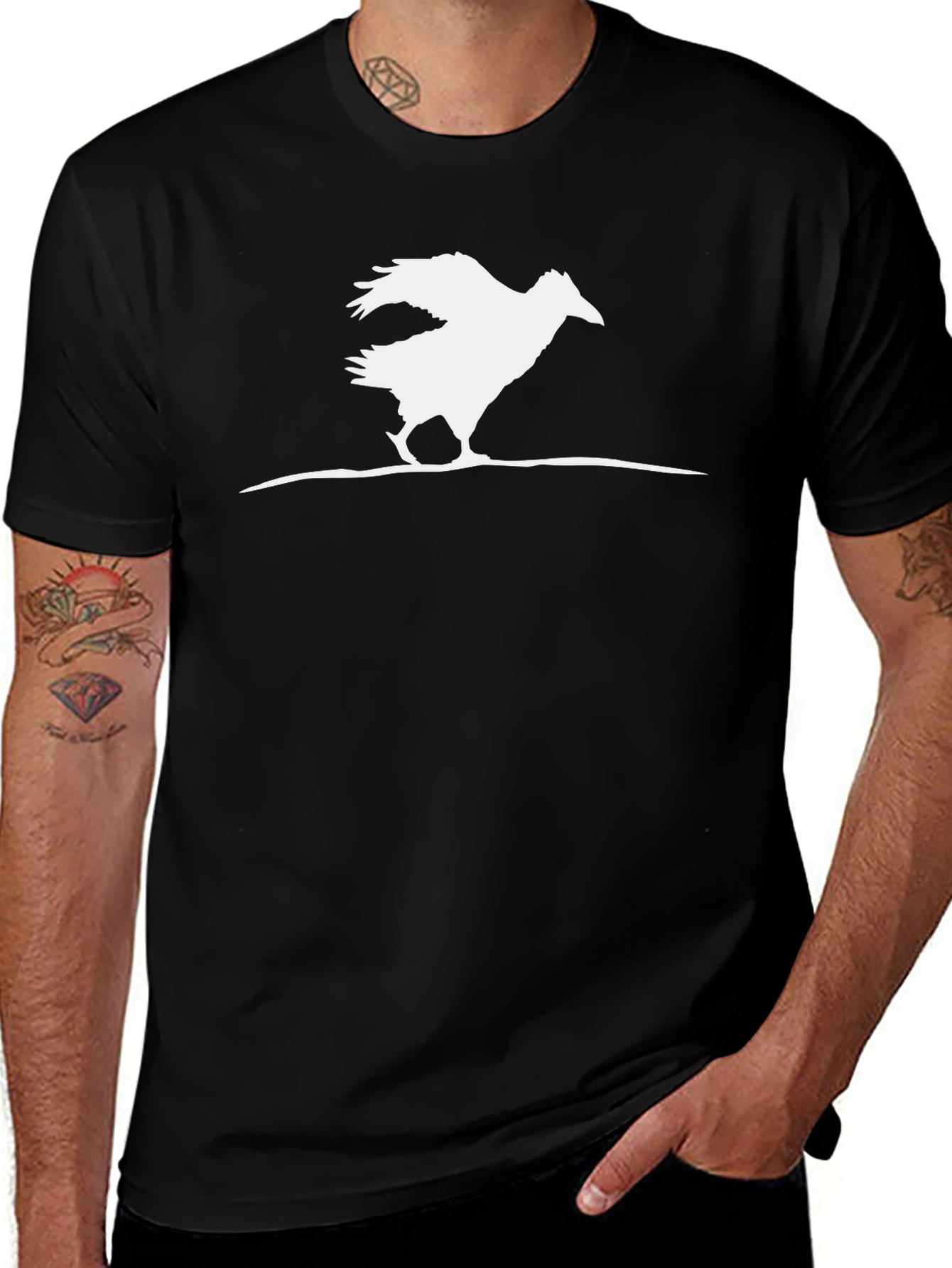 Variant 29 of Graphic Tee: White Bird Print on Black - Casual Style