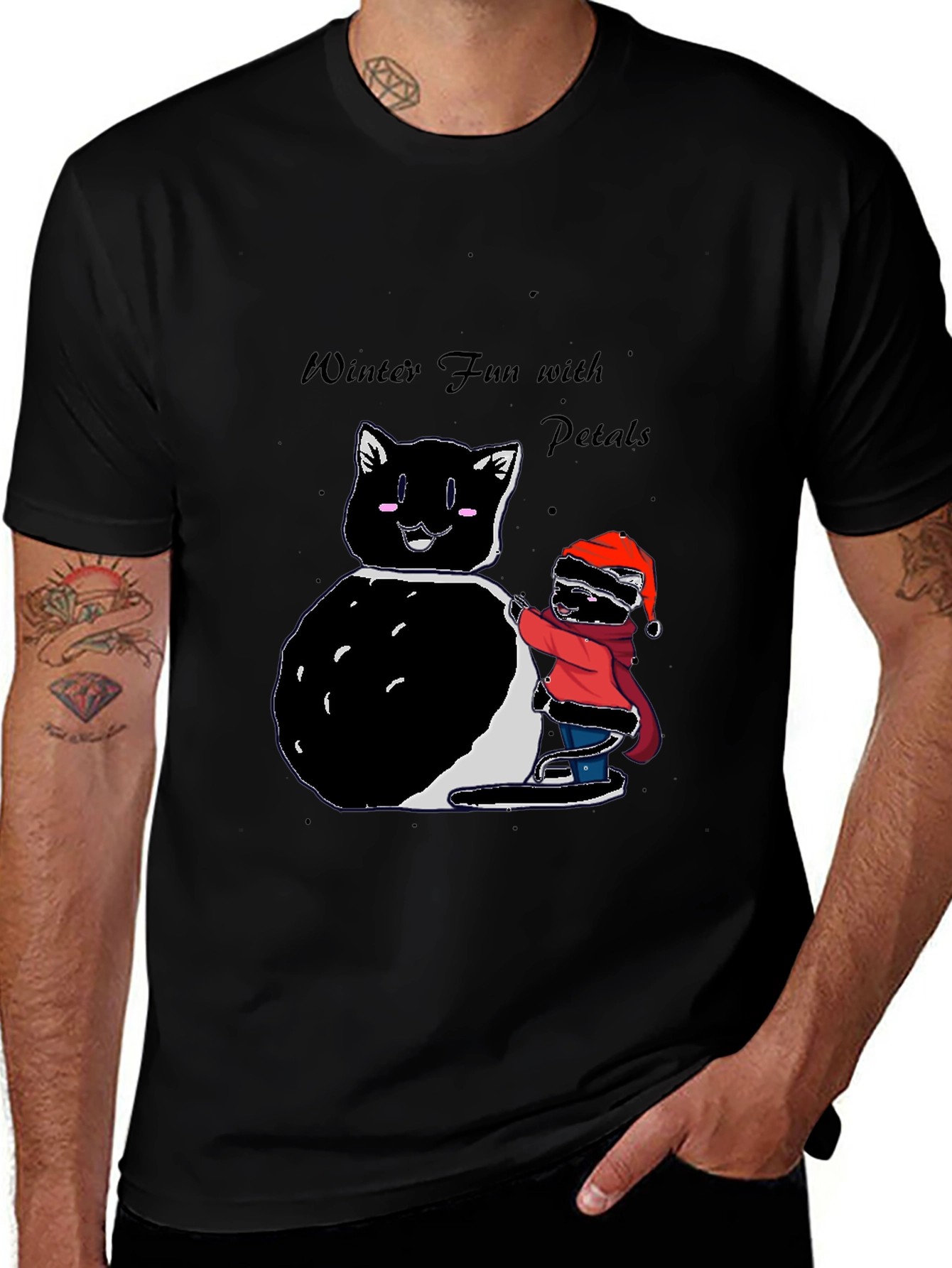 Variant 25 of Winter Fun T-Shirt: Cat & Kid Building Snowman