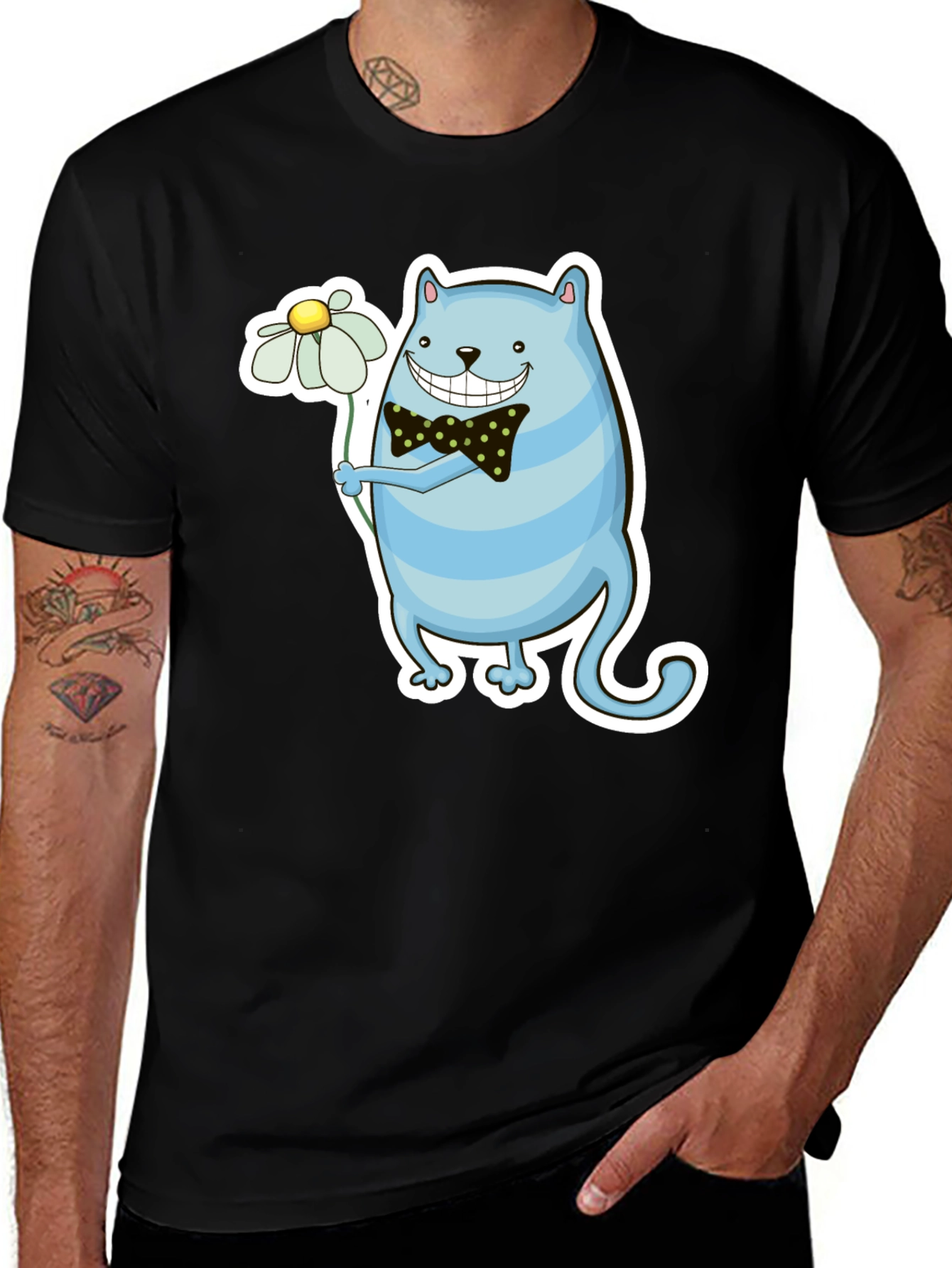 Variant 28 of Cartoon Cat with Flower Graphic Tee - Black T-Shirt