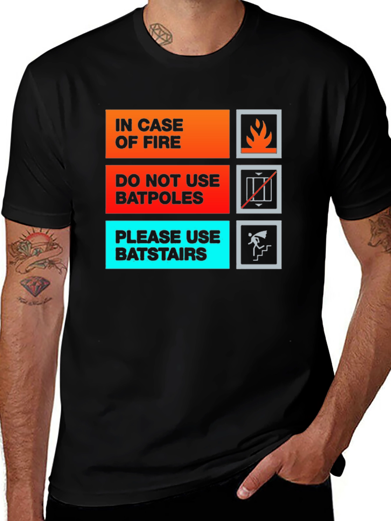 Variant 27 of Humorous In Case of Fire T-Shirt - Batpole/Batstair Design