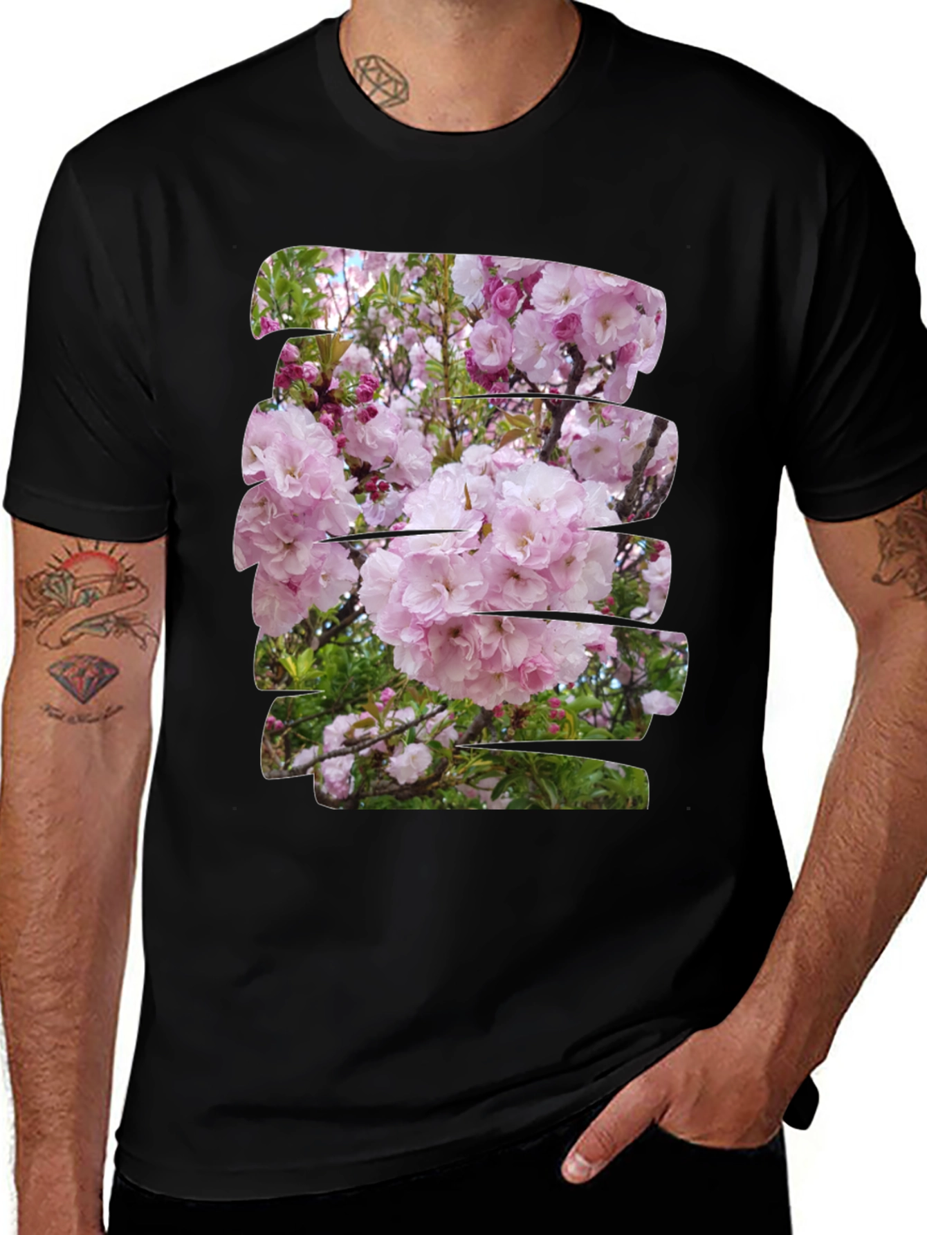 Variant 25 of Floral Print Black T-Shirt - Blossom Design