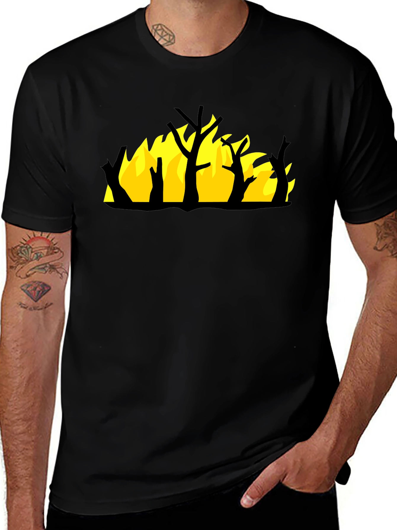 Variant 7 of Burning Tree Graphic Tee - Black Cotton Shirt