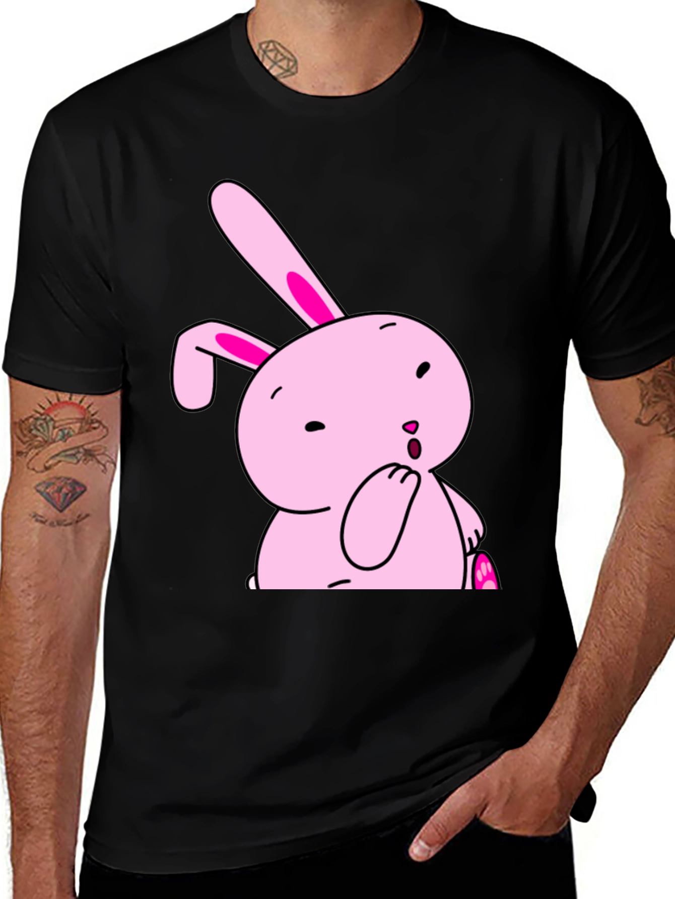 Variant 16 of Cute Pink Bunny Graphic Black T-Shirt