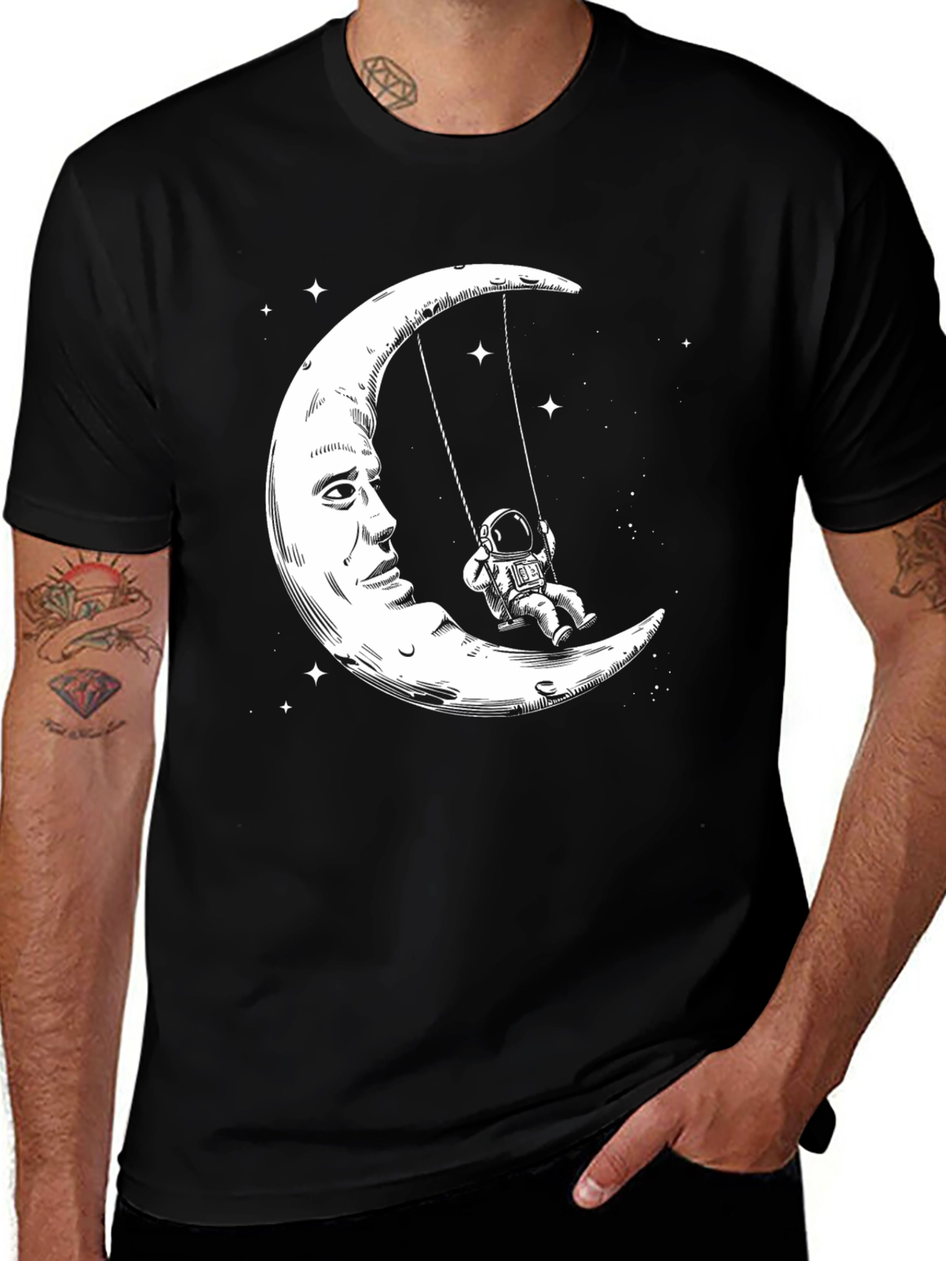 Variant 29 of Astronaut Moon Swing Graphic T-Shirt - Black Cotton Tee