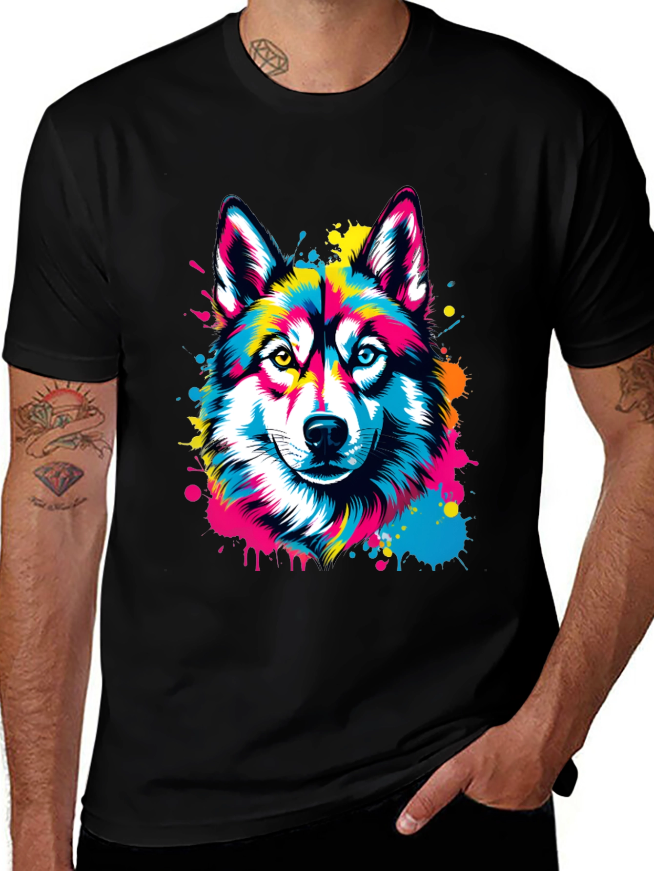 Variant 21 of Colorful Husky Graphic Tee - Men's Black T-Shirt