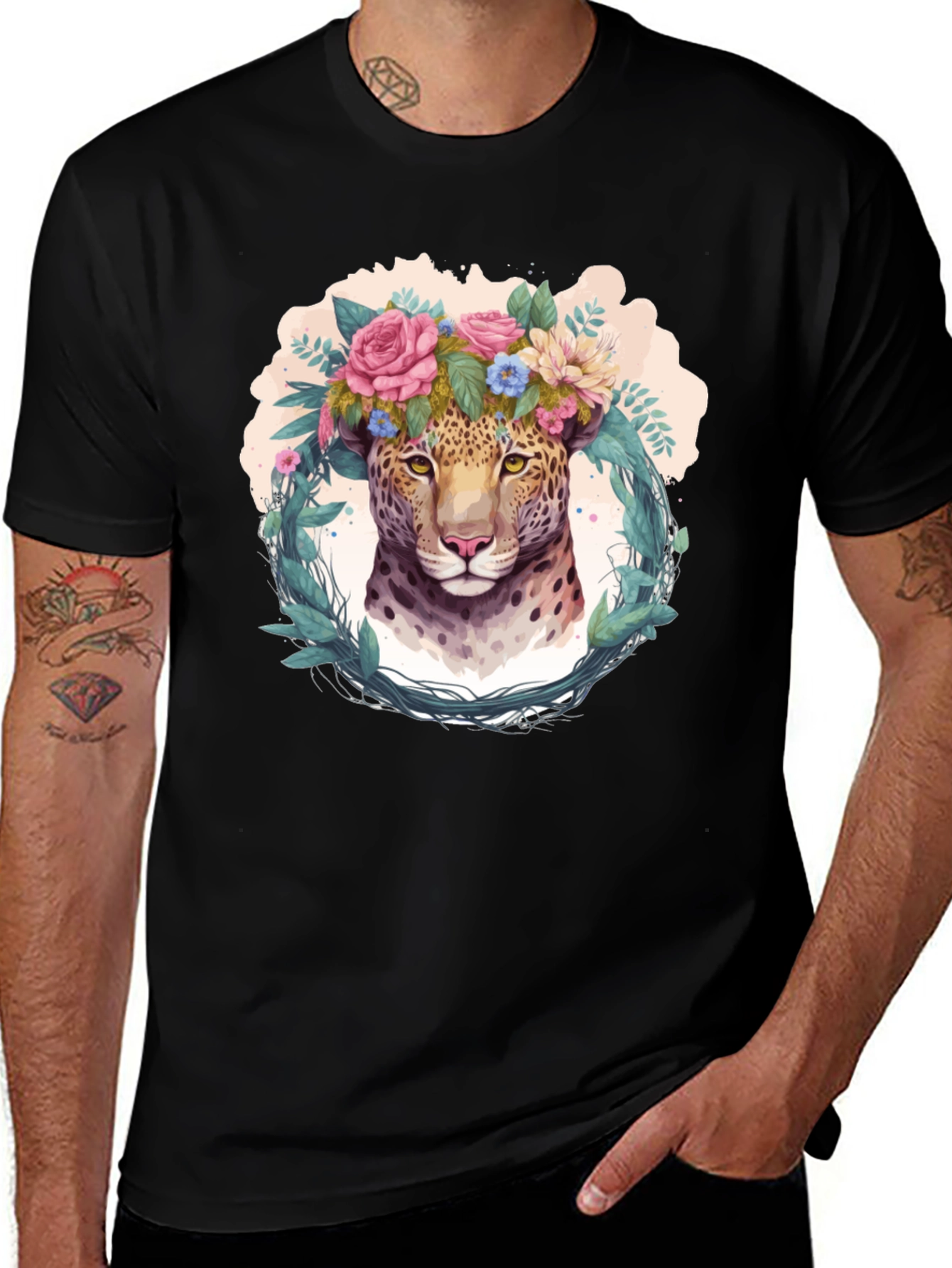 Variant 25 of Leopard Floral Crown Black Graphic Tee