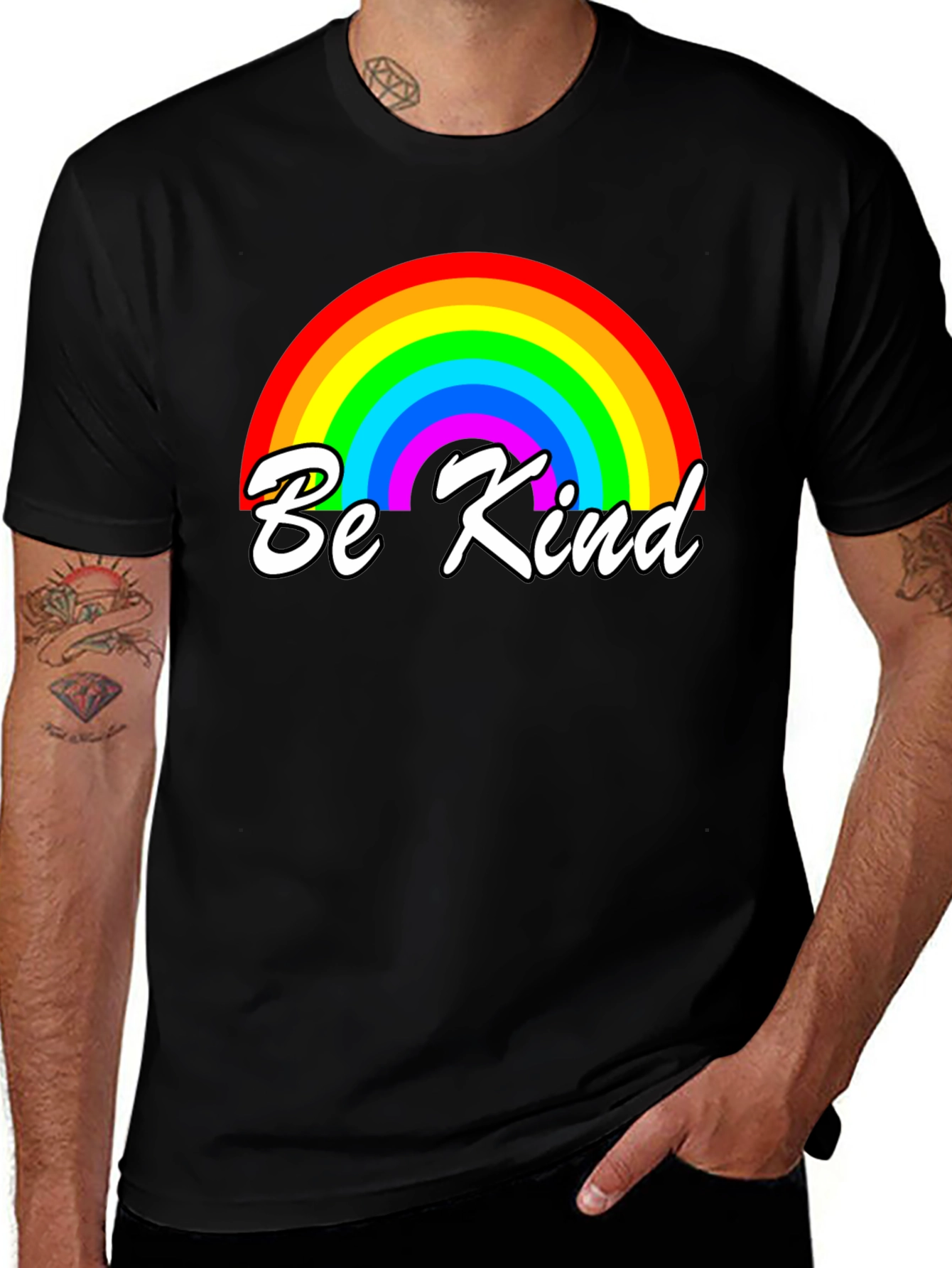 Variant 18 of Be Kind Rainbow Graphic Tee - Black Cotton T-Shirt