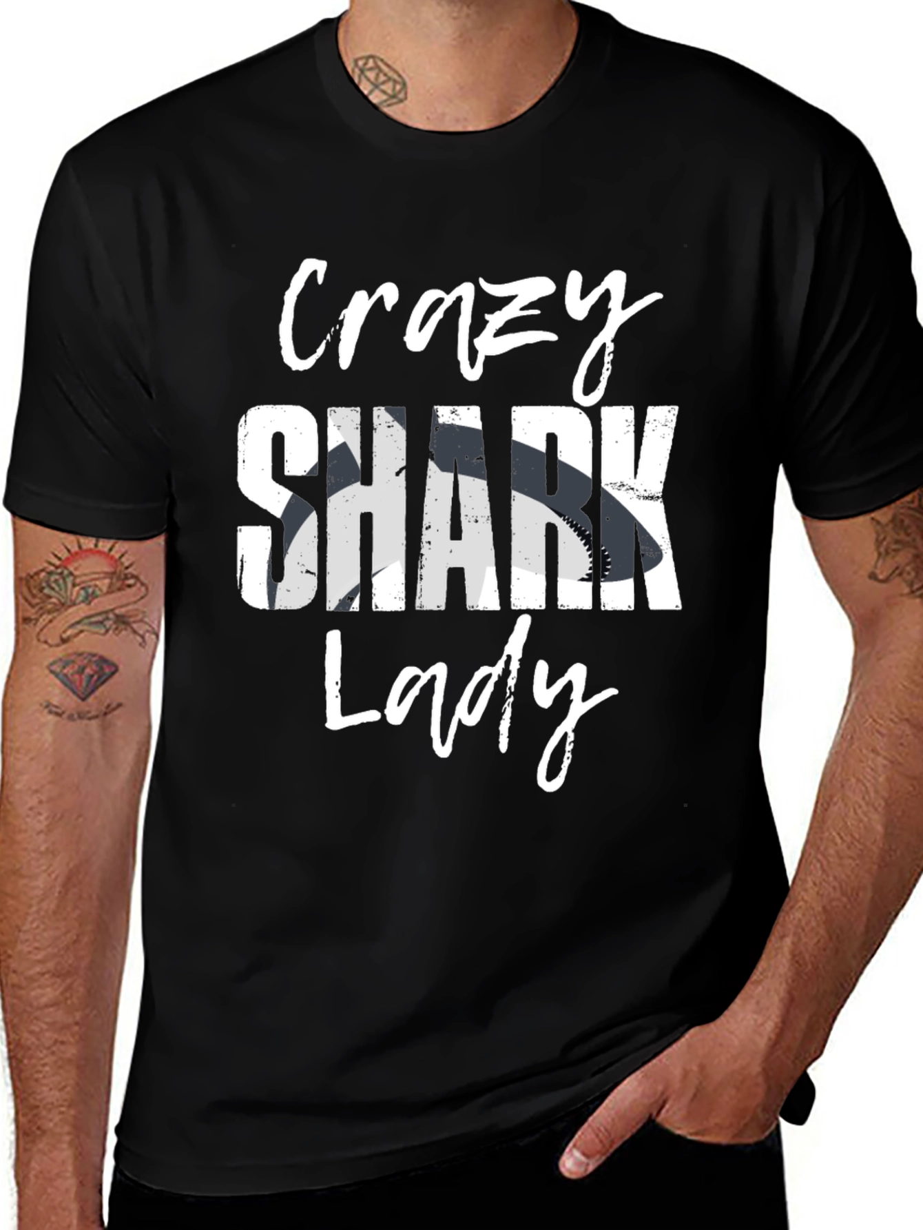 Crazy Shark Lady Graphic T-Shirt - Black Cotton Tee