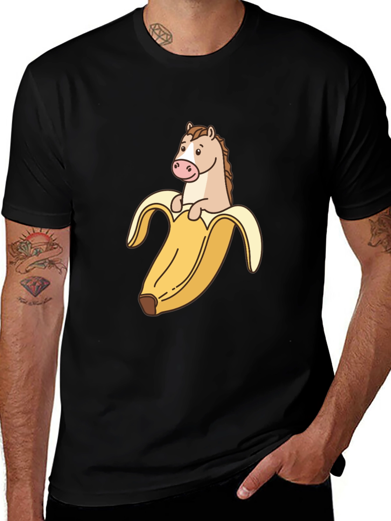 Variant 23 of Funny Horse Banana Cartoon Black T-Shirt