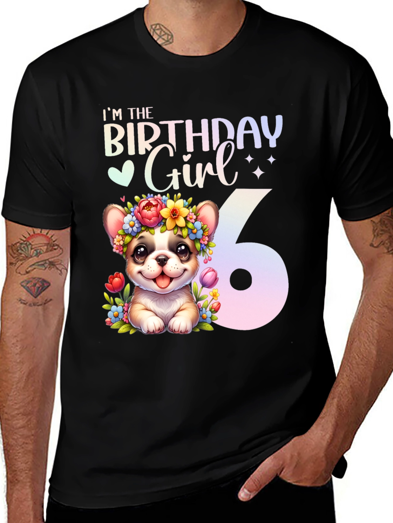 Variant 18 of Birthday Girl 6 T-Shirt - Cute Puppy Floral Design