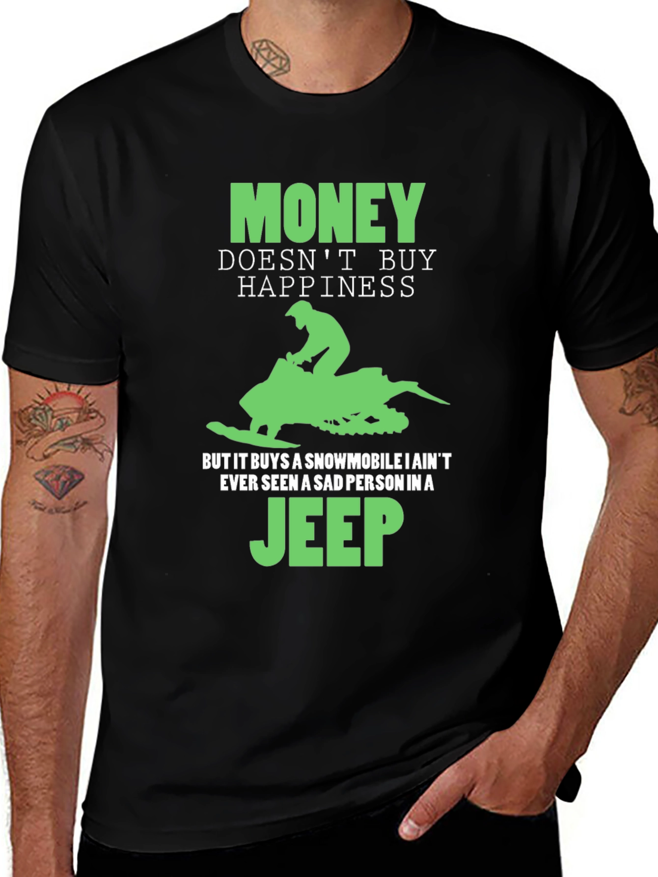 Variant 21 of Money Doesn't Buy Happiness T-Shirt: Snowmobile Jeep Graphic Tee