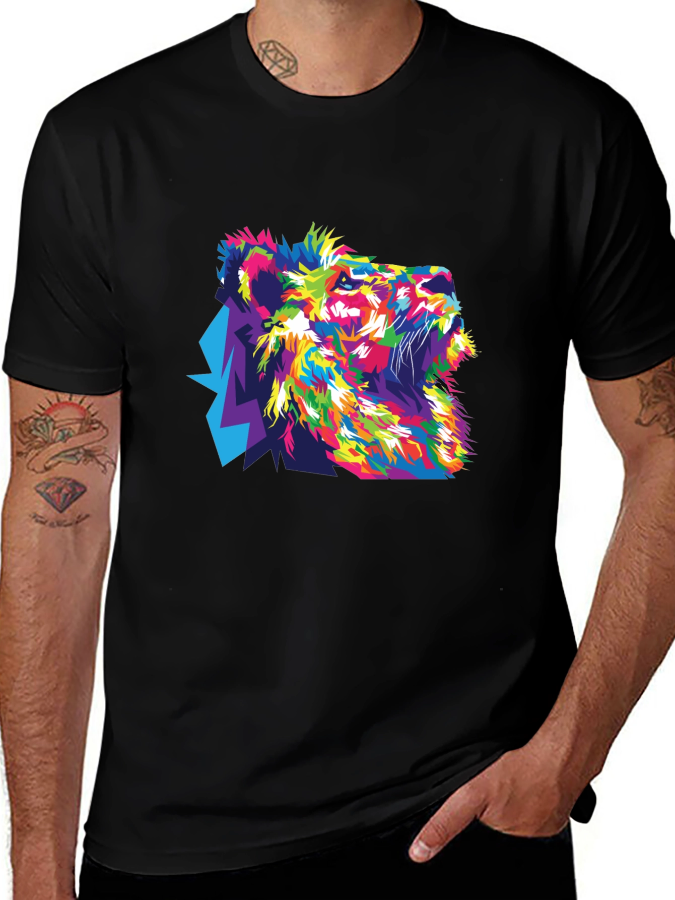Variant 7 of Colorful Lion Graphic Print Black T-Shirt
